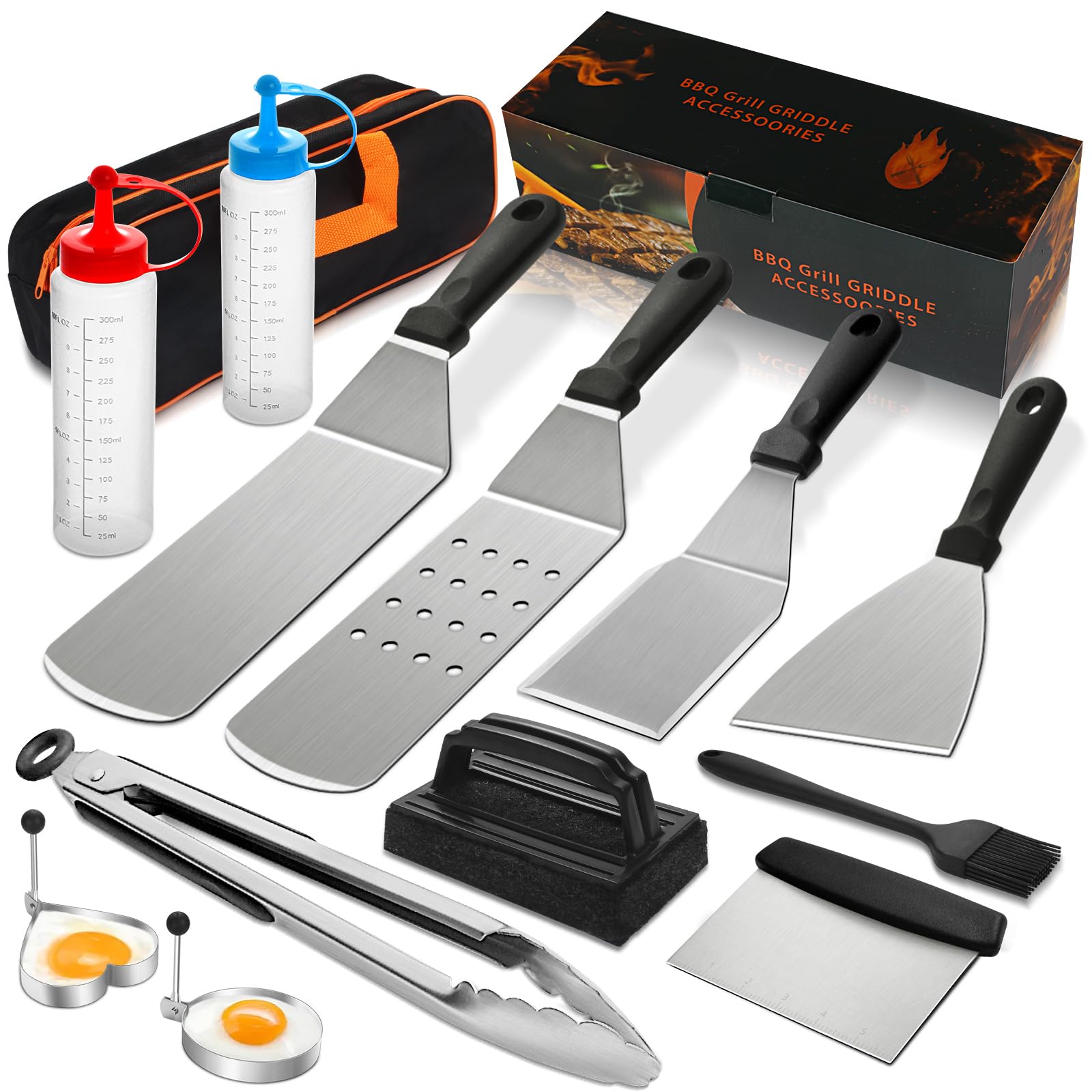 14-Piece Griddle Accessories Kit for Blackstone & Camp Chef - Heavy Duty Grill Spatula Set with XL Scrapers & Tools - Perfect for Outdoor Cooking, Backyard BBQs & Camping Trips