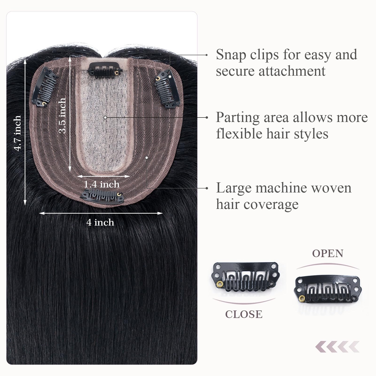Hairro 100% Human Hair Topper for Women - 14 Inch Jet Black Clip-In Hairpiece with 4