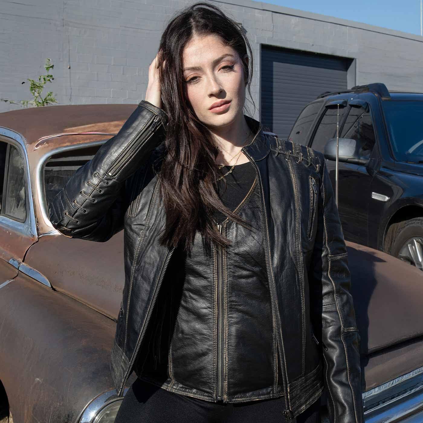 Milwaukee Leather MLL2527 Women's Elegant Distressed Brown Laced Leather Jacket – Stylish Outerwear for Casual Wear, Date Nights & Fall Fashion