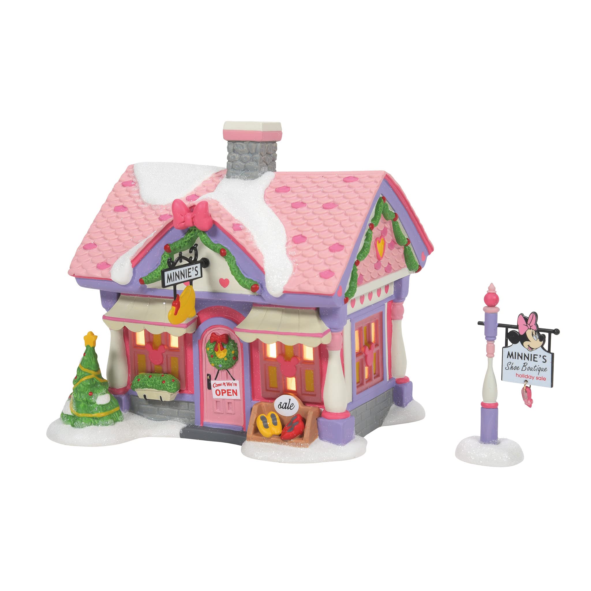 Department 56 Disney Mickey Mouse Village Minnie's Shoe Boutique Lit House and Sign Figurine Set - 6.02 Inch Collectible Christmas Decoration - Perfect for Disney Fans, Holiday Displays & Village Collections