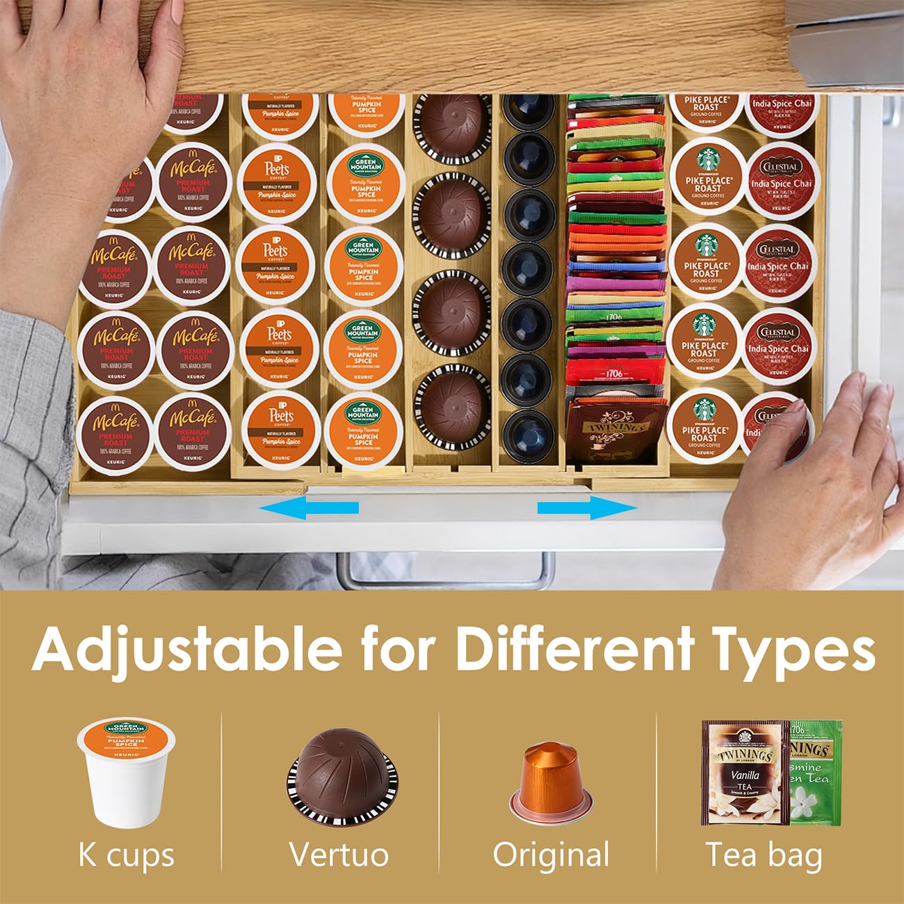 Bamboo Coffee Pod Holder Drawer Organizer - Compatible with Nespresso Vertuo & 25-45 K-Cups | Space-Saving Storage for Coffee Station, Home Office & Kitchen Counter | Perfect for Single-Serve Coffee Lovers & Capsule Organization