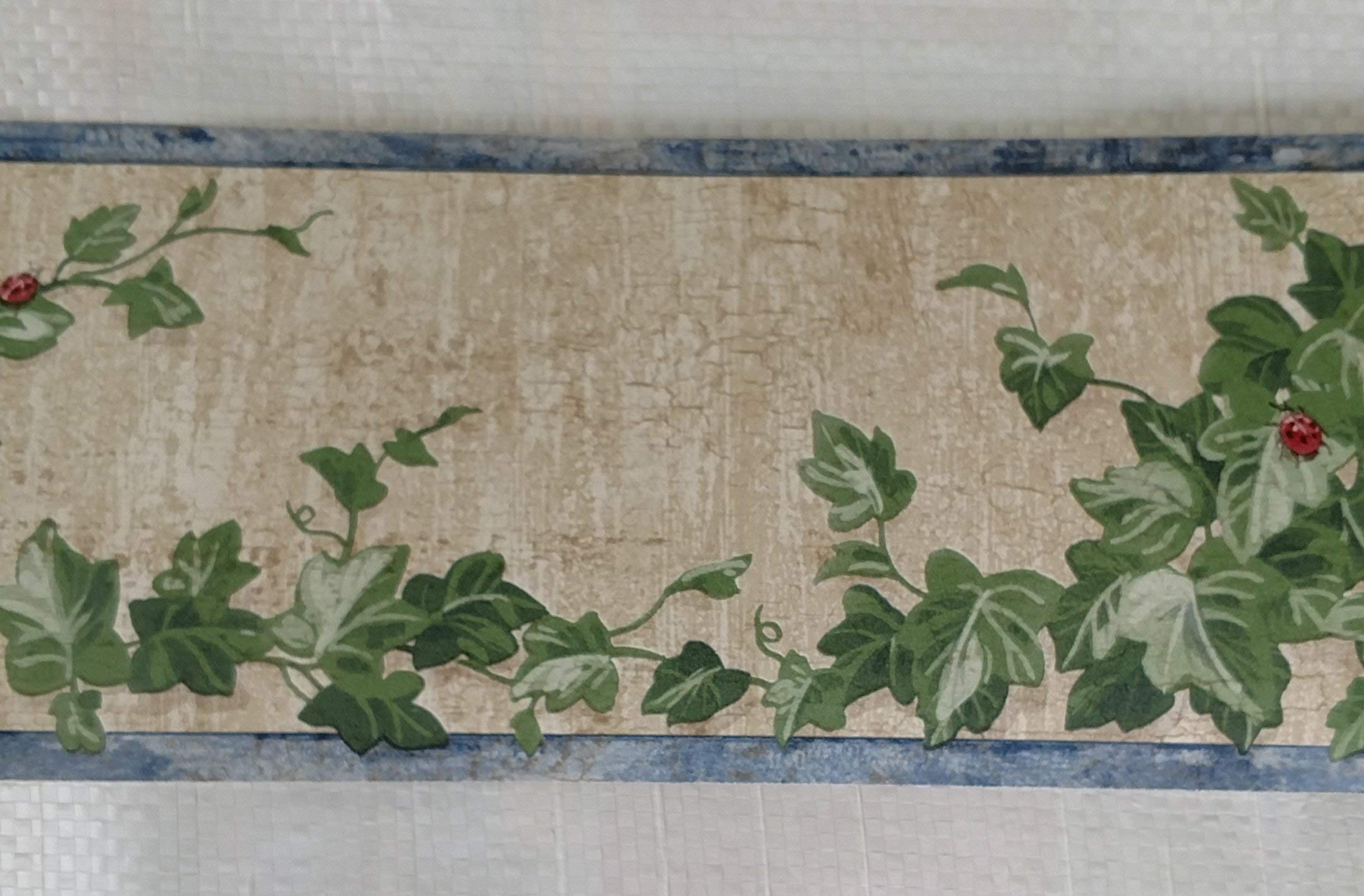 Country Vines Lady Bugs Ivy Kitchen Wallpaper Border - Blue Floral Peel and Stick Wallpaper for Farmhouse Decor, Easy to Install Removable Wallpaper for Kitchen, Bathroom, Nursery, and Home Office