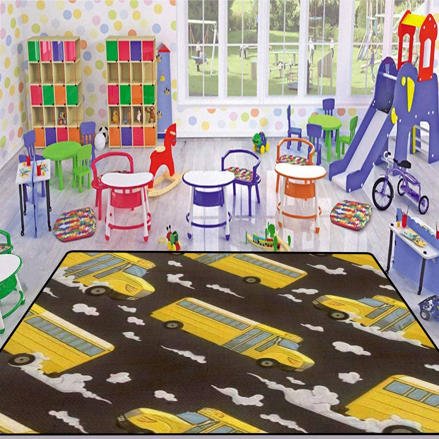 5'×8' Non-Slip School Bus Pattern Area Rug - Soft Seamless Indoor/Outdoor Carpet for Living Room, Bedroom, Dorm Decor | Perfect for Kids' Rooms, Play Areas & Themed Spaces