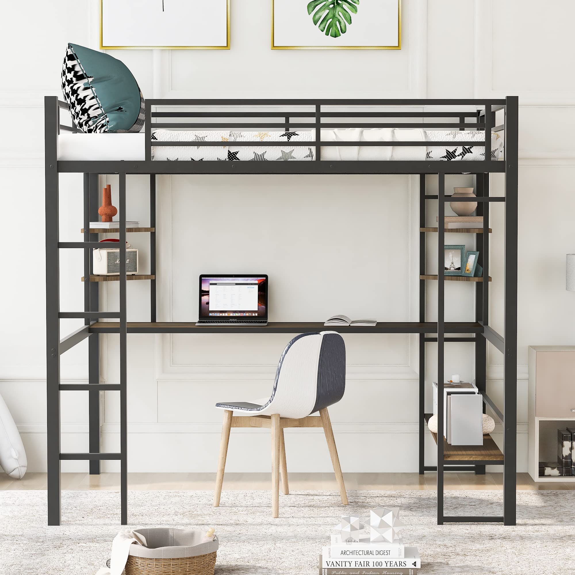 Harper & Bright Designs Full Metal Loft Bed with Wooden Desk & 2-Tier Shelves - Twin Size Kids Loft Bed with Safety Guardrails & Ladder - No Box Spring Needed (Black) - Perfect for Small Bedrooms, Dorm Rooms & Kids' Spaces