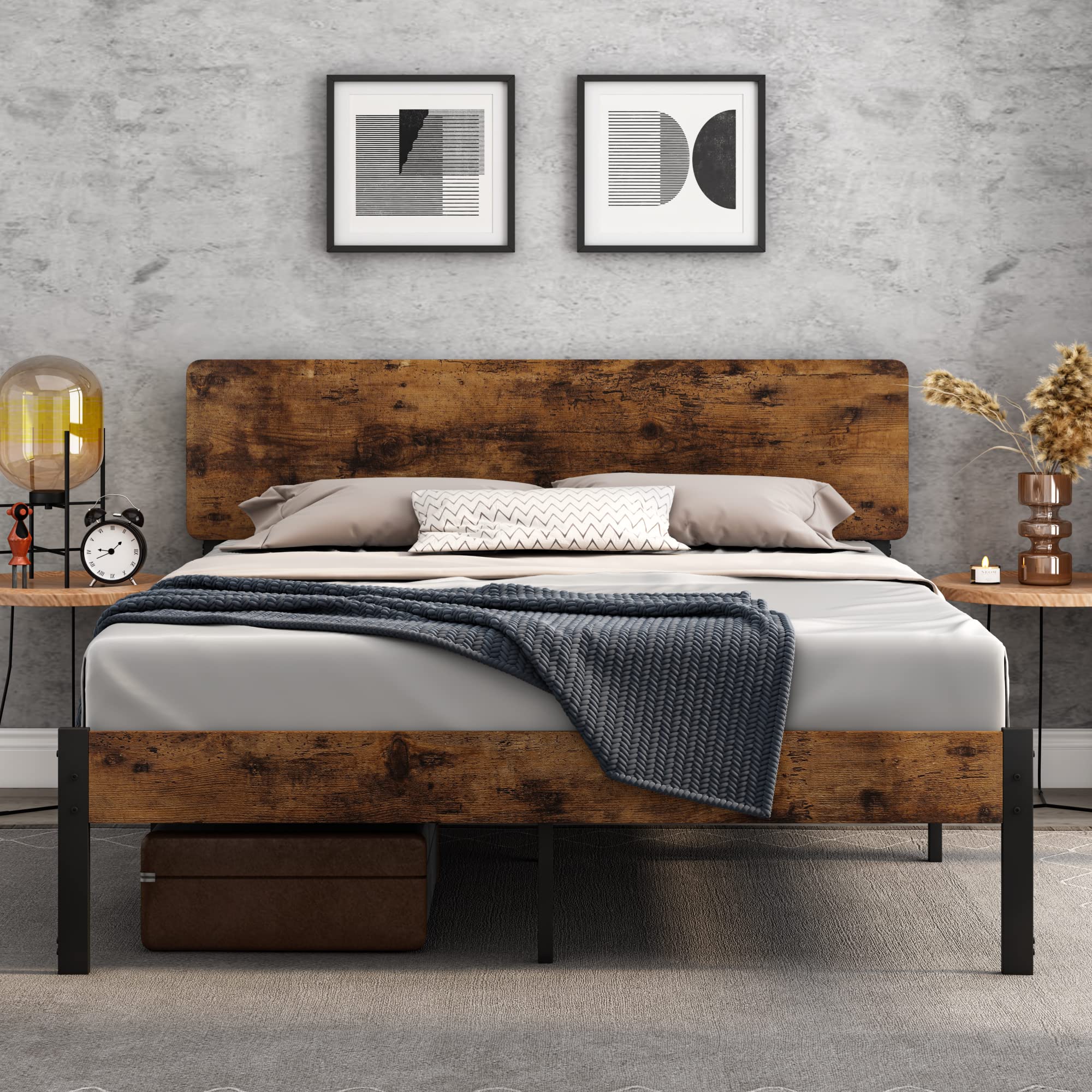 **Solid Wood Full Bed Frame with Sturdy Metal Slats - Heavy Duty Platform Bed with Under-Bed Storage, No Box Spring Needed - Quiet & Noise-Free Design for Modern Bedrooms, Guest Rooms & Small Apartments**