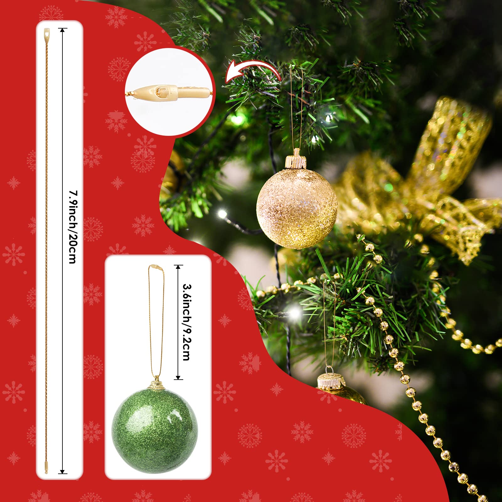 RELBRO 200 Pcs Christmas Ornament Hangers - Gold Snap Fastener Hooks with Locking Ropes for Tree Decorations | Perfect for Holiday, Xmas Party & Home Decoration