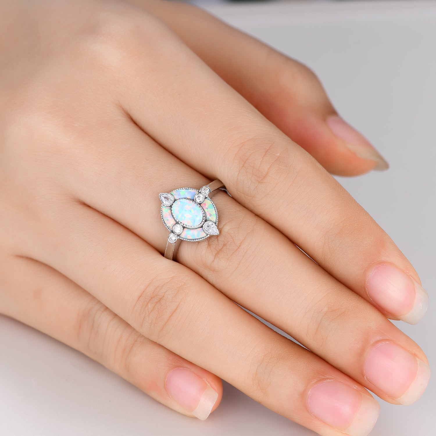 Antique White Opal Halo Engagement Ring - Vintage Oval Cut Cocktail Ring with October Birthstone - Perfect for Proposals, Anniversaries & Special Occasions