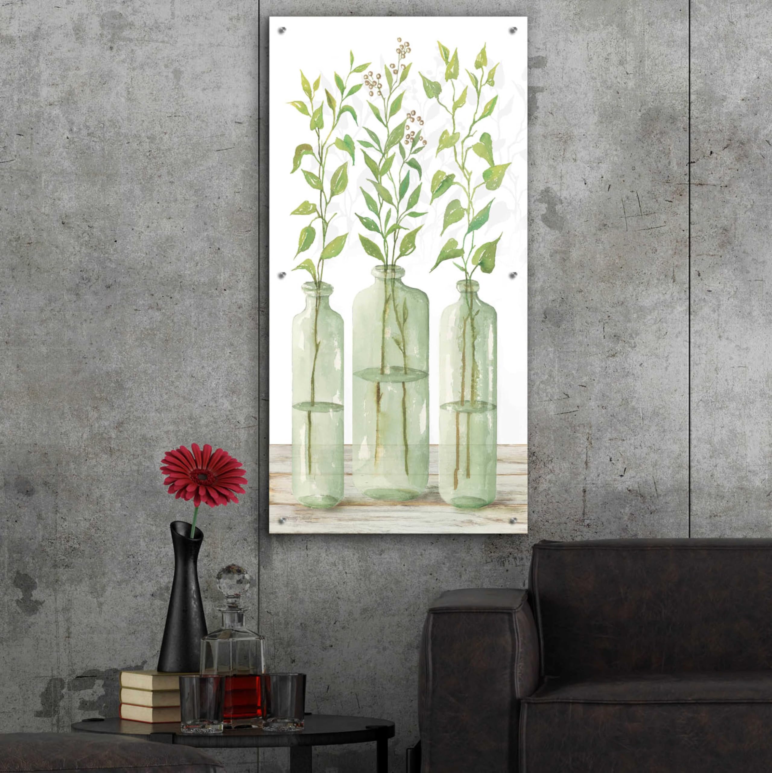 Epic Art 'Simple Leaves in Jar II' by Cindy Jacobs - 24x48 Inch Acrylic Glass Wall Decor - Modern Botanical Painting for Living Room, Bedroom & Office Decor