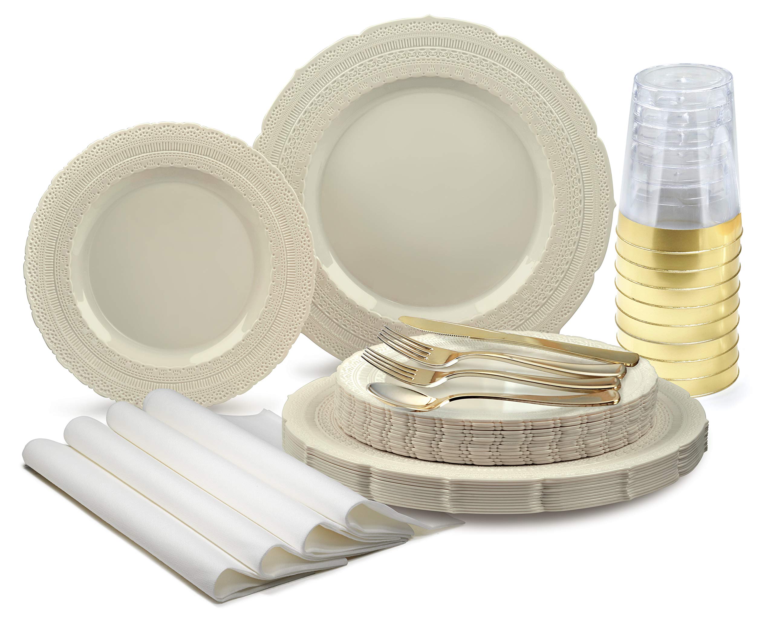 320-Piece Premium Vintage Wedding Dinnerware Set - Heavyweight Disposable/Reusable Plastic Plates (40x11'' & 40x8.25'') + Silverware + Cups + Napkins - Chateau Collection Ivory - Perfect for Weddings, Parties & Special Events