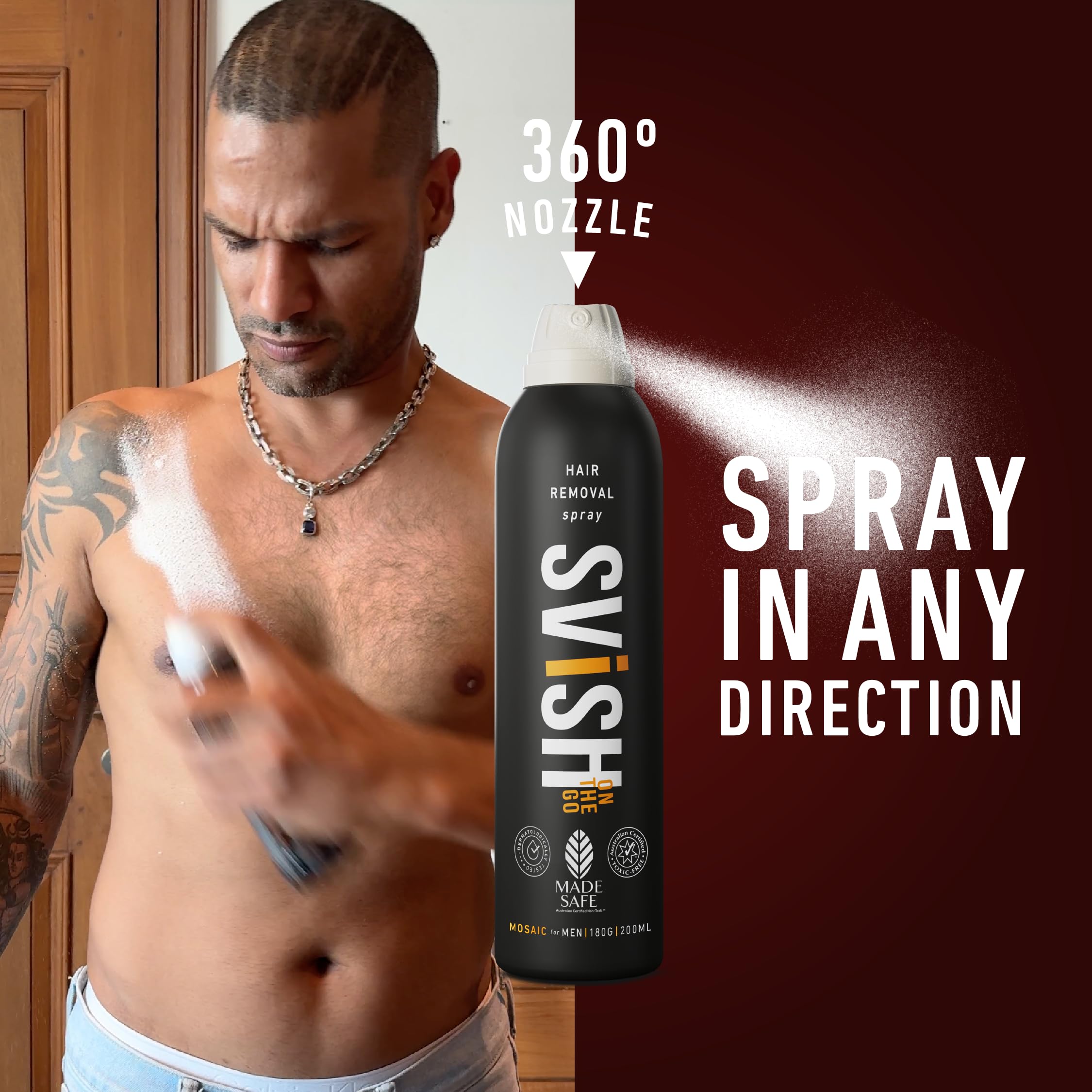 Svish Painless Hair Removal Spray for Men & Women - 200ml | Fast & Easy Body Hair Removal Cream Spray for Chest, Back, Legs, Underarms & Bikini Area | Includes 20 Wipes (Pack of 2) | Gentle Formula for Smooth Skin at Home, Gym, or Travel