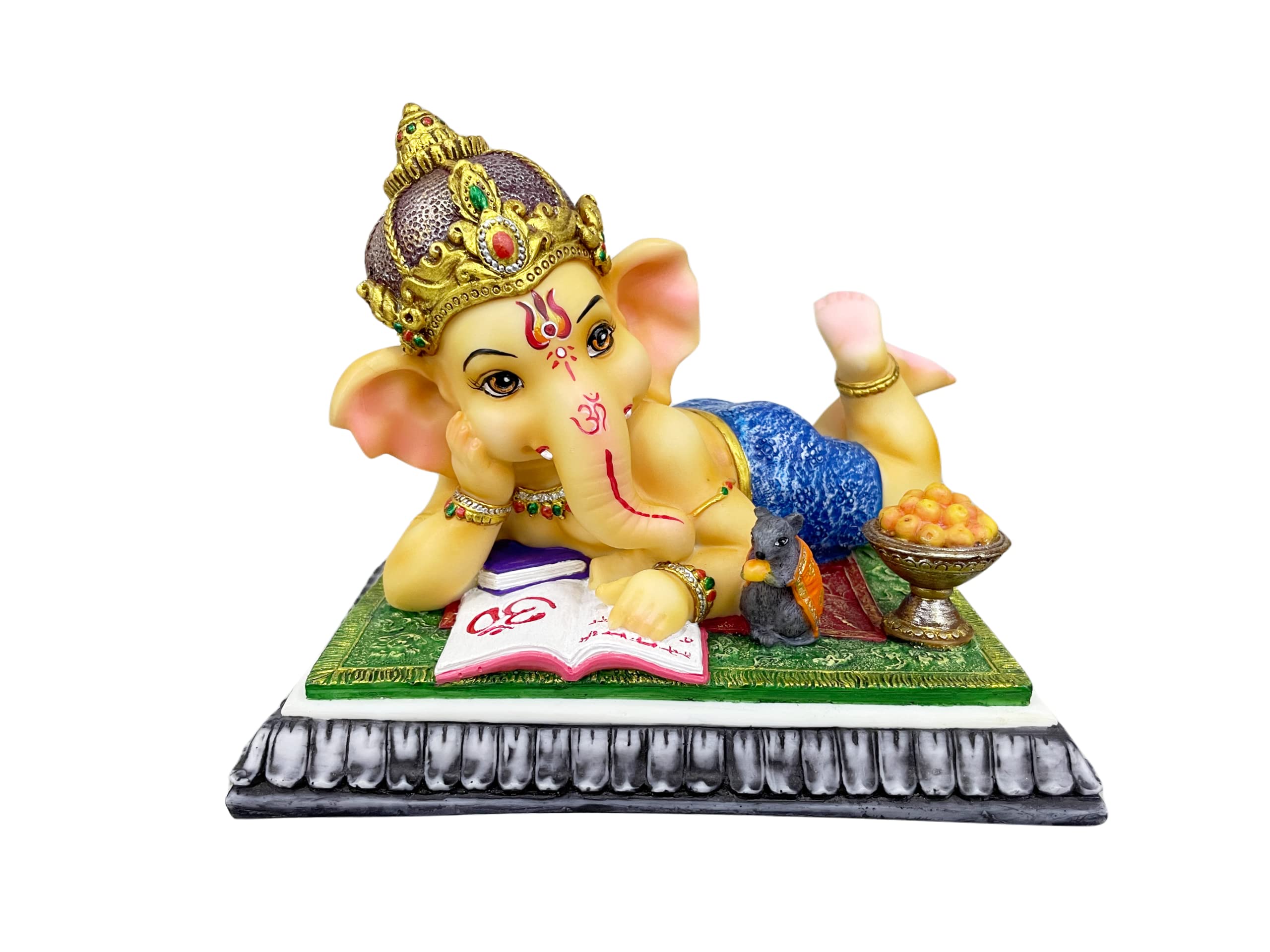 Baby Young Ganesh Reading Book with Mouse Statue - 5.5 Inch Resin Figurine - Multicolor Hindu Deity Home Decor for Pooja Altar, Office Desk & Gift Giving