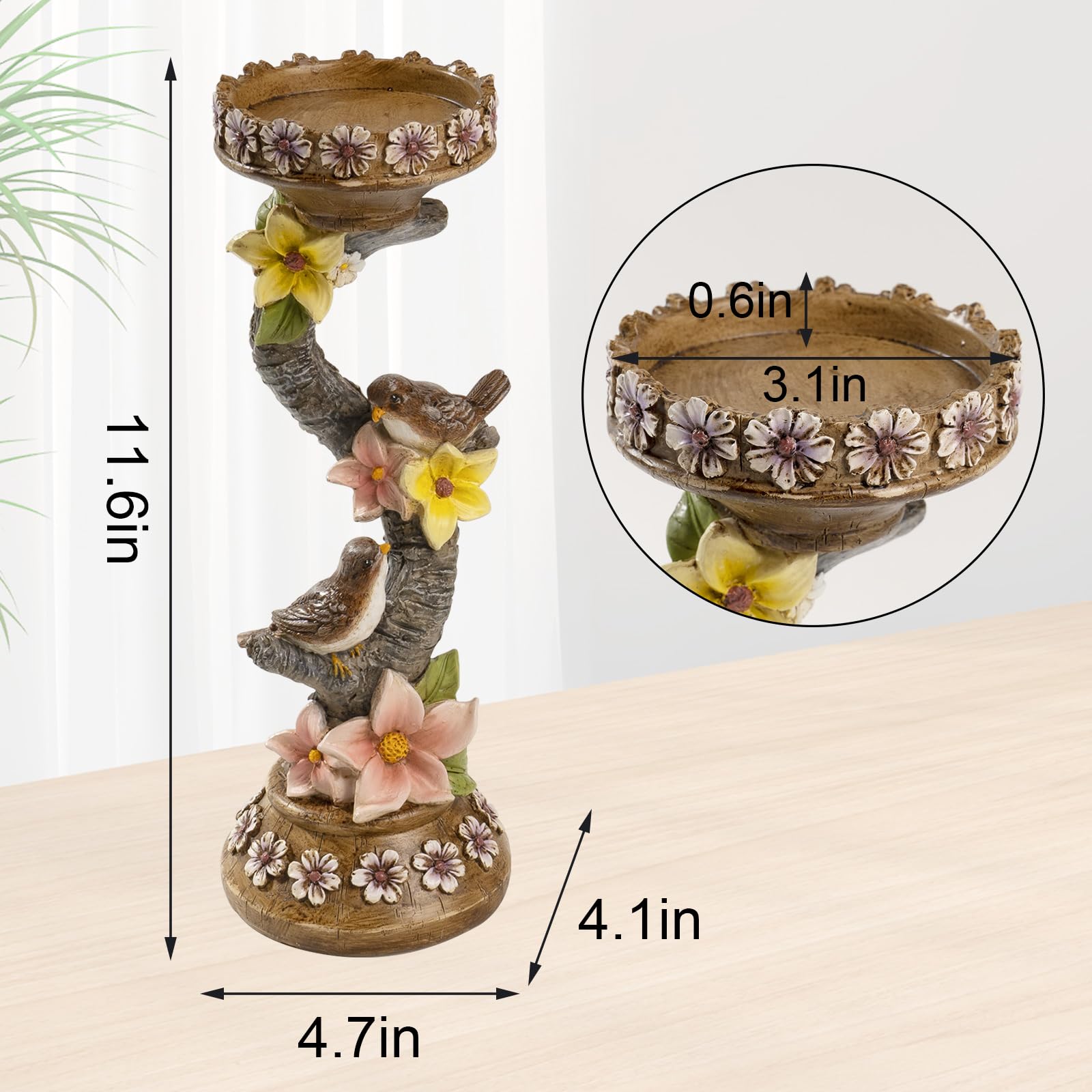 11.6in Resin Spring Figurine with Bird & Flower - Decorative Candle Holder for Pillar Candles, Home Mantel & Table Centerpiece - Perfect for Spring Home Decor, Easter Decorations & Seasonal Tablescapes