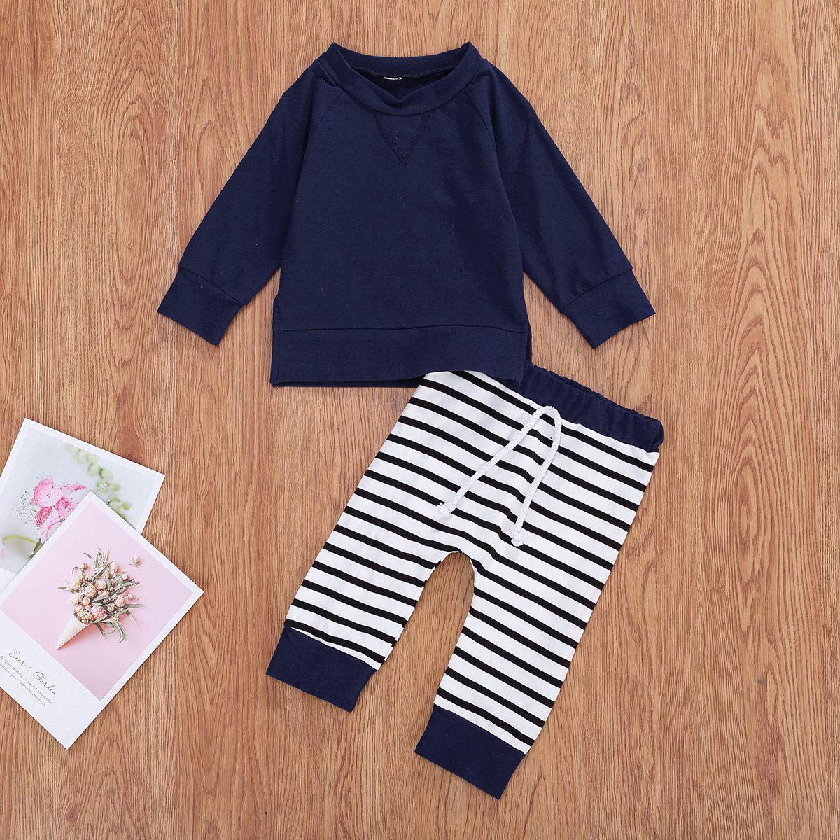 **Baby Boy Girl Fall Outfits - 2Pcs Long Sleeve Pullover Sweatshirt & Striped Pants Set (12-18 Months, Dark Blue) - Cozy & Stylish for Playdates & Family Photos**