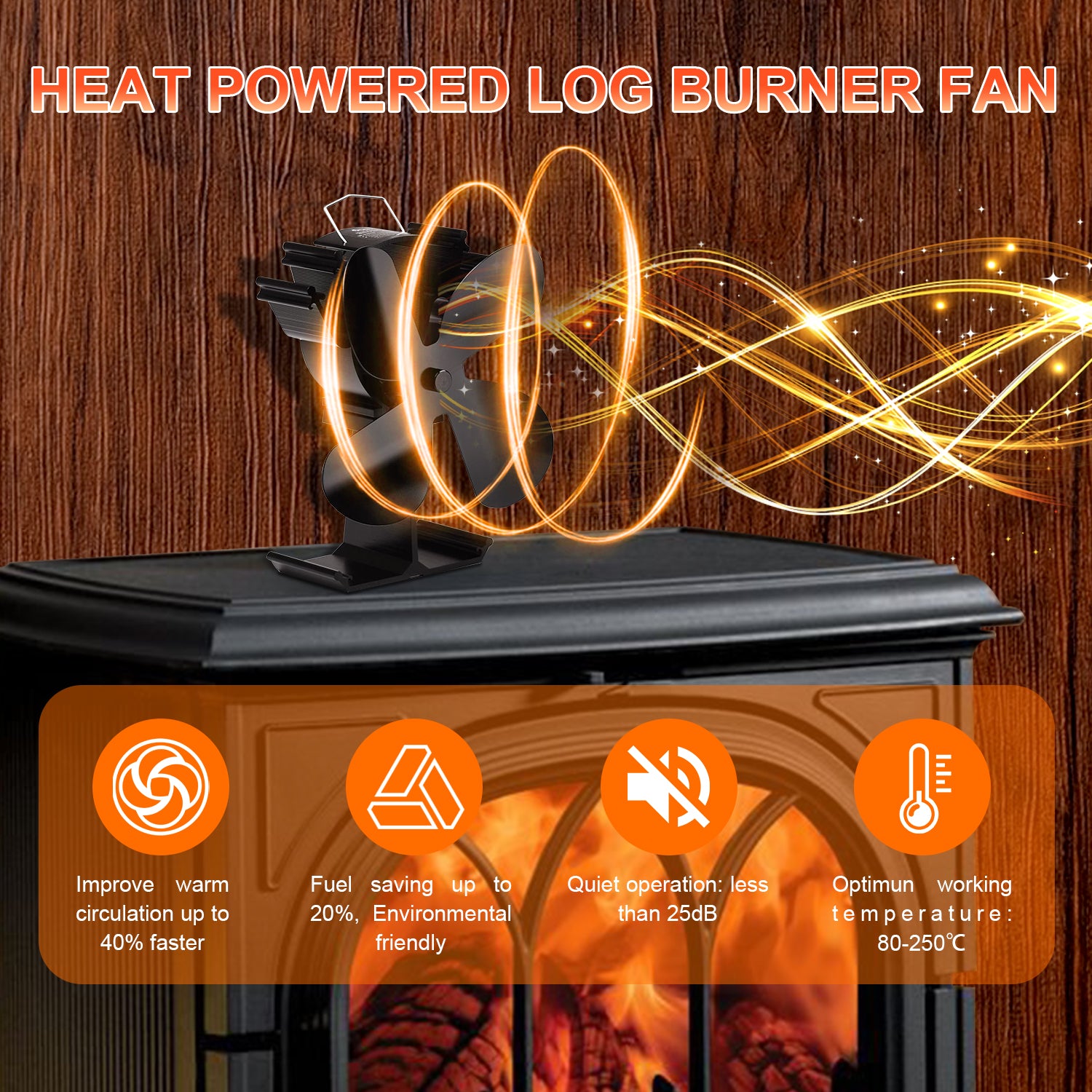 4 Blade Stove Fan VDSF614B - Eco-Friendly Heat Powered Stove Fan for Wood Burning Stoves & Fireplaces - Perfect for Energy Efficiency & Even Heat Distribution in Living Rooms, Cabins & RV Camping