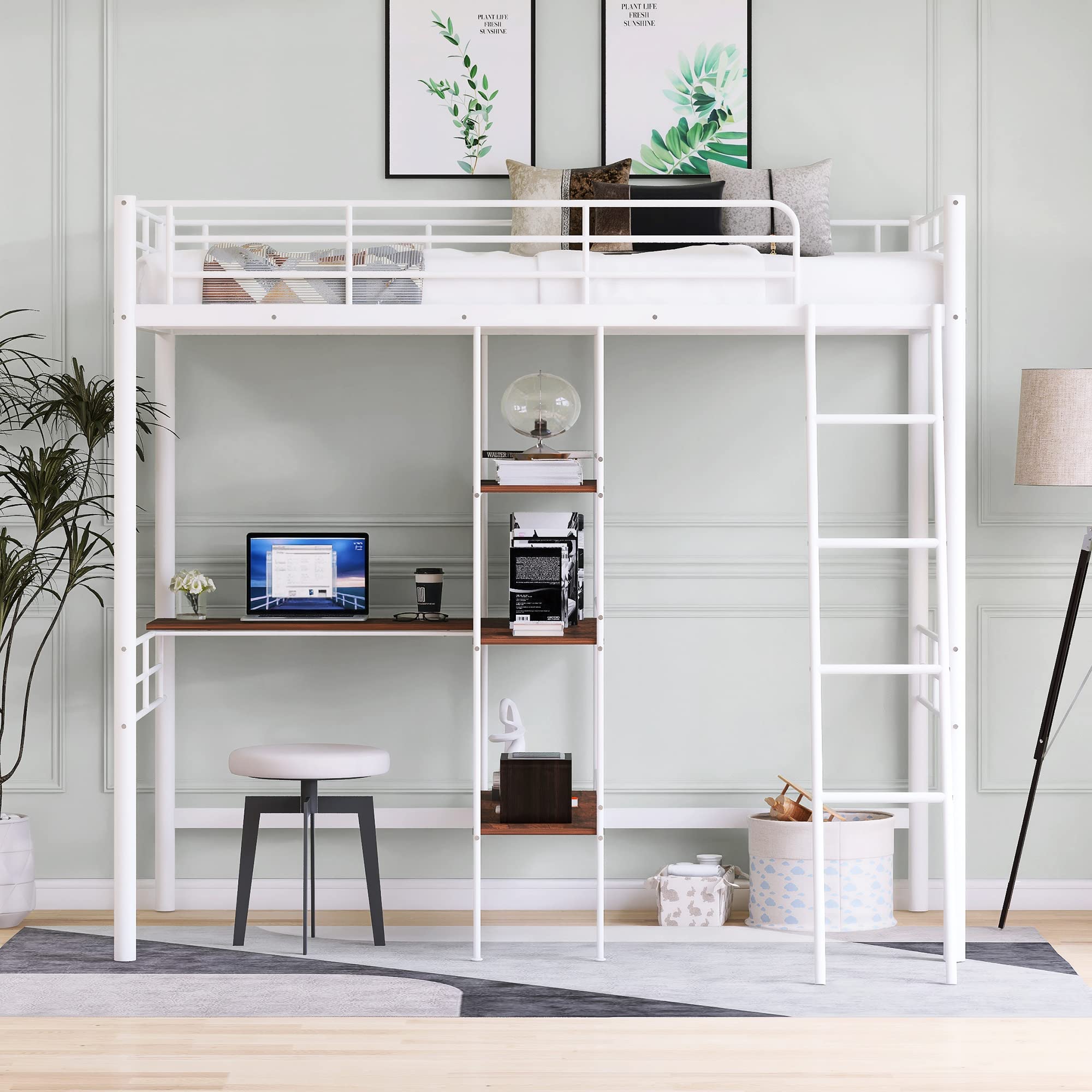 Harper & Bright Designs White Twin Size Metal Loft Bed with Built-in Desk, Shelves, Guardrail & Ladder - Space-Saving Study & Sleep Solution for Kids & Teens Bedrooms