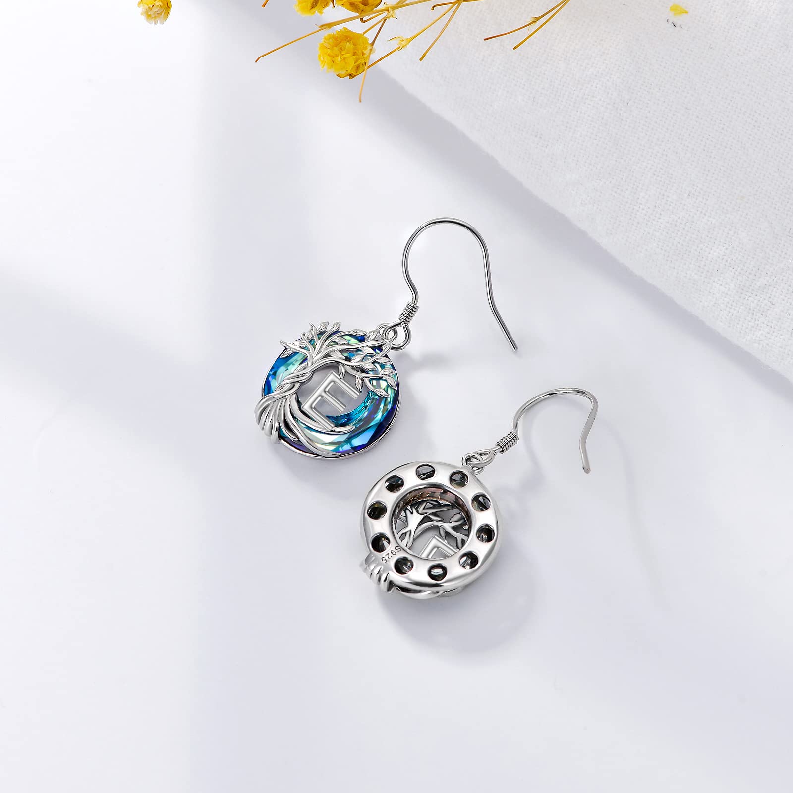 TOUPOP Tree of Life Initial Earrings - 925 Sterling Silver A-Z Letter Drop Dangle Earrings with Blue Circle Crystal, Valentine's Day, Anniversary & Birthday Gift for Women, Her Girlfriend or Mom | Perfect for Romantic Occasions, Date Nights & Special Celebrations