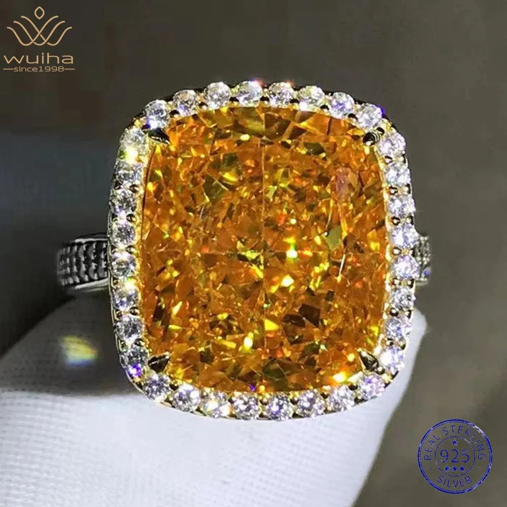 WUIHA Genuine 925 Sterling Silver 8CT Fancy Vivid Yellow Sapphire & Synthetic Diamond Ring for Women | Anniversary Gift | Elegant Jewelry for Weddings, Parties & Special Occasions