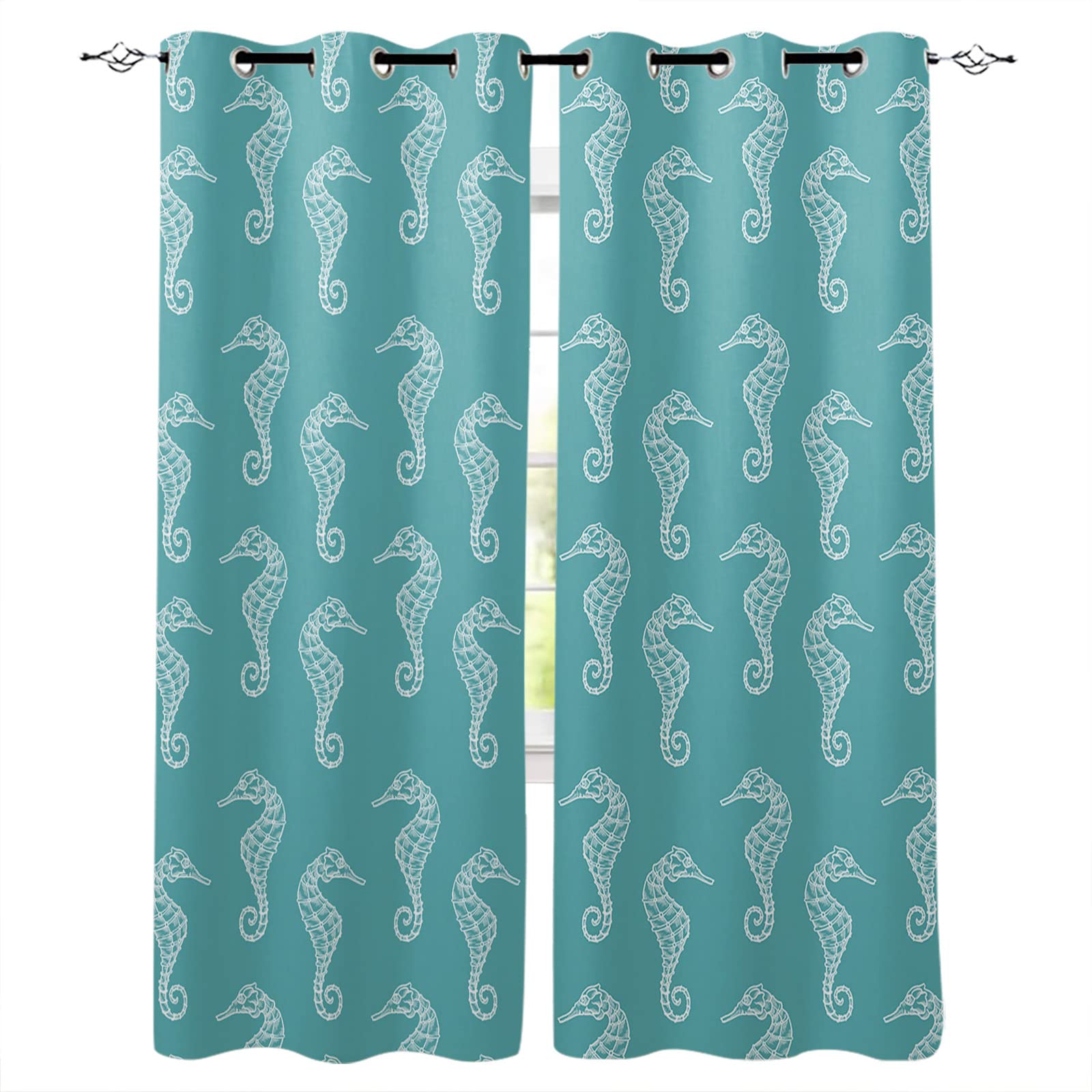 **Marine Animal Seahorse Blackout Curtains - Fashion Digital Print Grommet Window Drapes for Living Room & Bedroom, 104