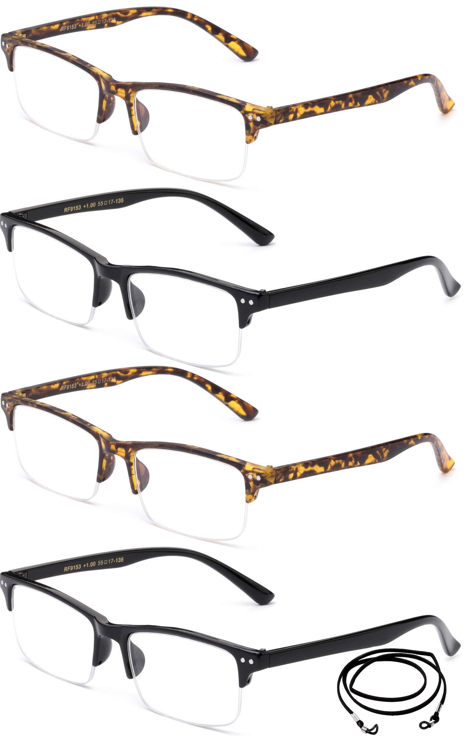 4 Packs Wide Frame Reading Glasses - Semi Rimless Stylish Fashion Readers for Men +1.50 Magnification | Perfect for Reading, Office Work & Computer Use