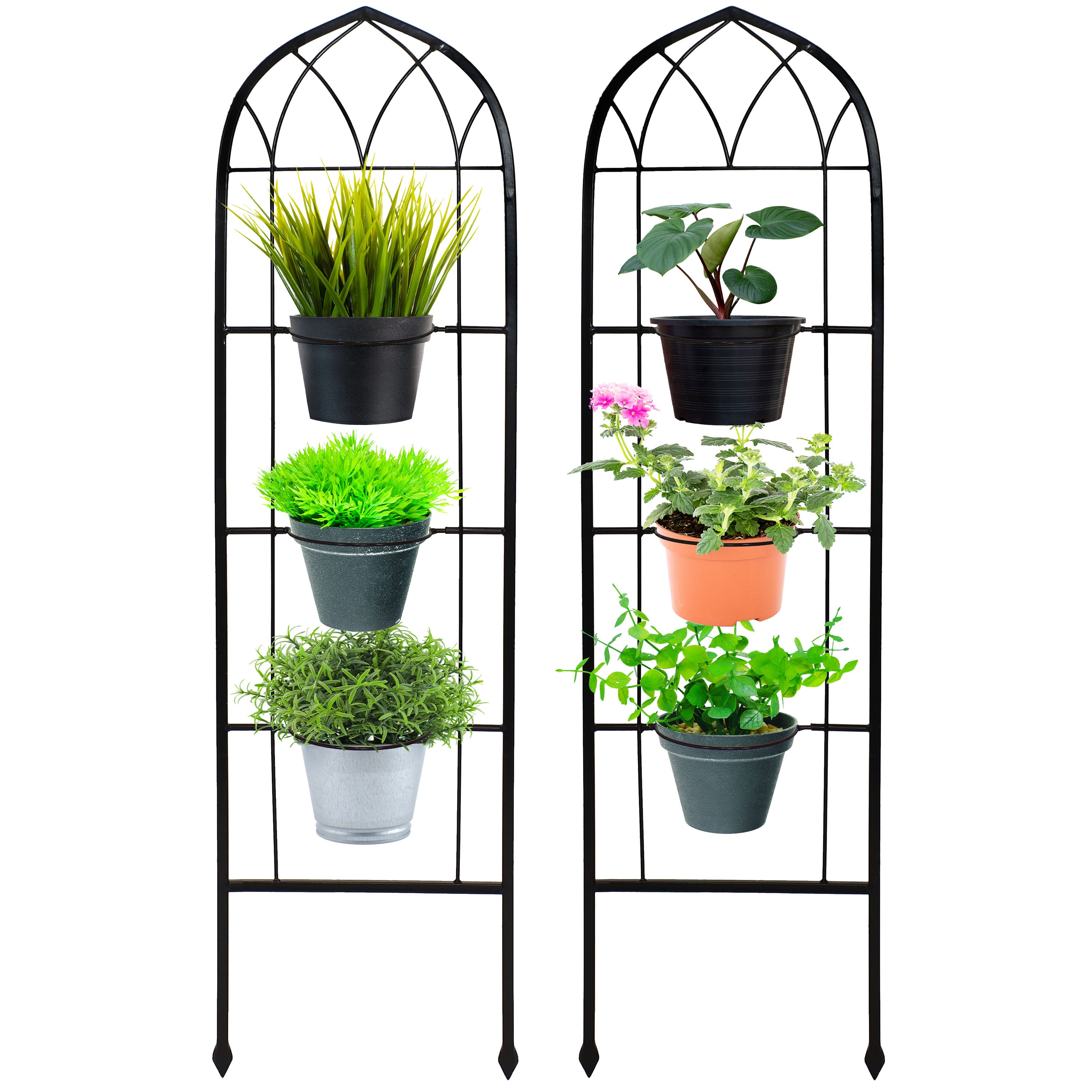 Sunnydaze 2-Piece Arched Garden Trellis with Folding Flowerpot Supports - Sturdy Metal Plant Climbing Frame for Vines, Roses & Outdoor Decor - Perfect for Patio, Backyard & Garden Landscaping