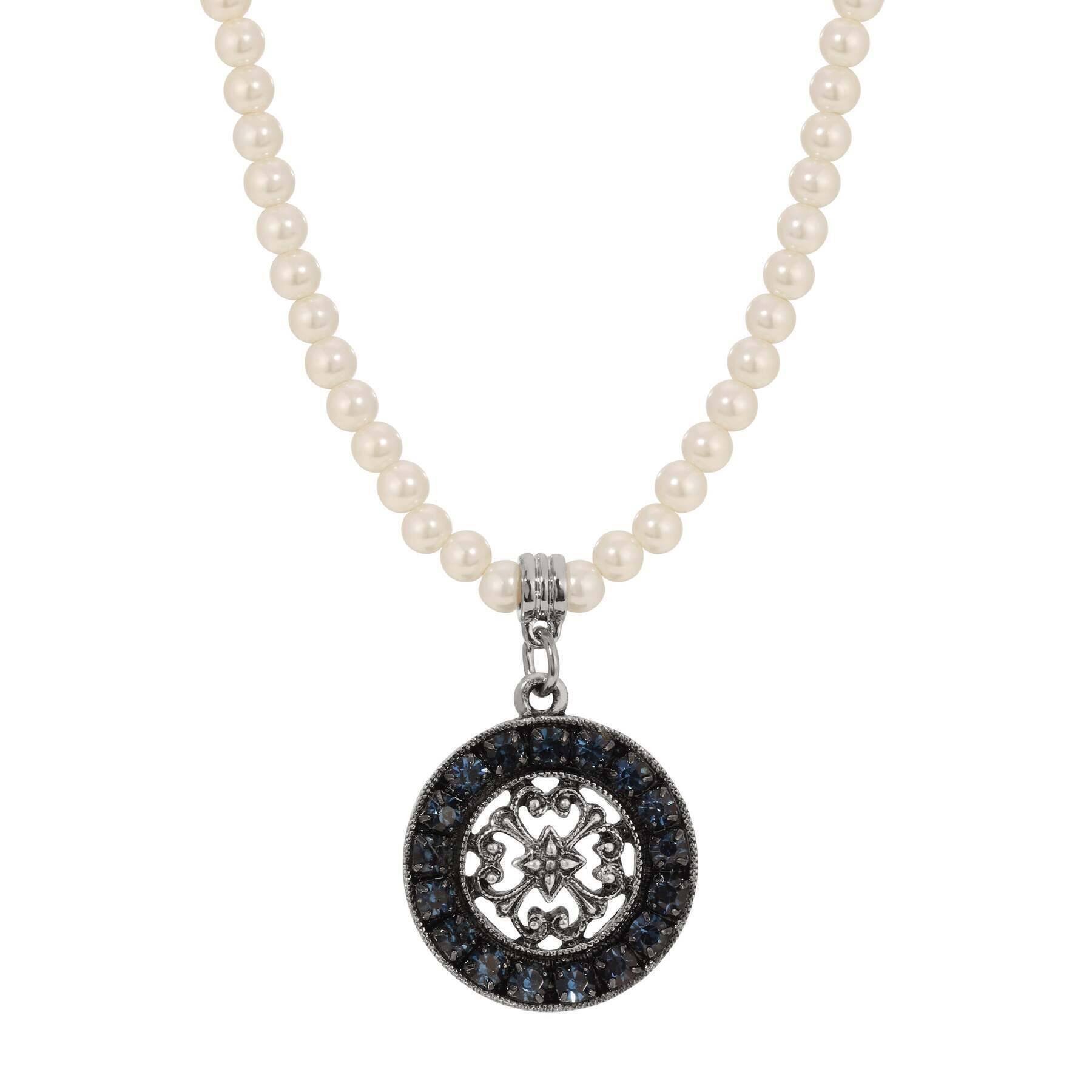 1928 Jewelry 4mm Faux Pearl Strand Necklace with Hanauma Filigree Crystal Pendant - 15