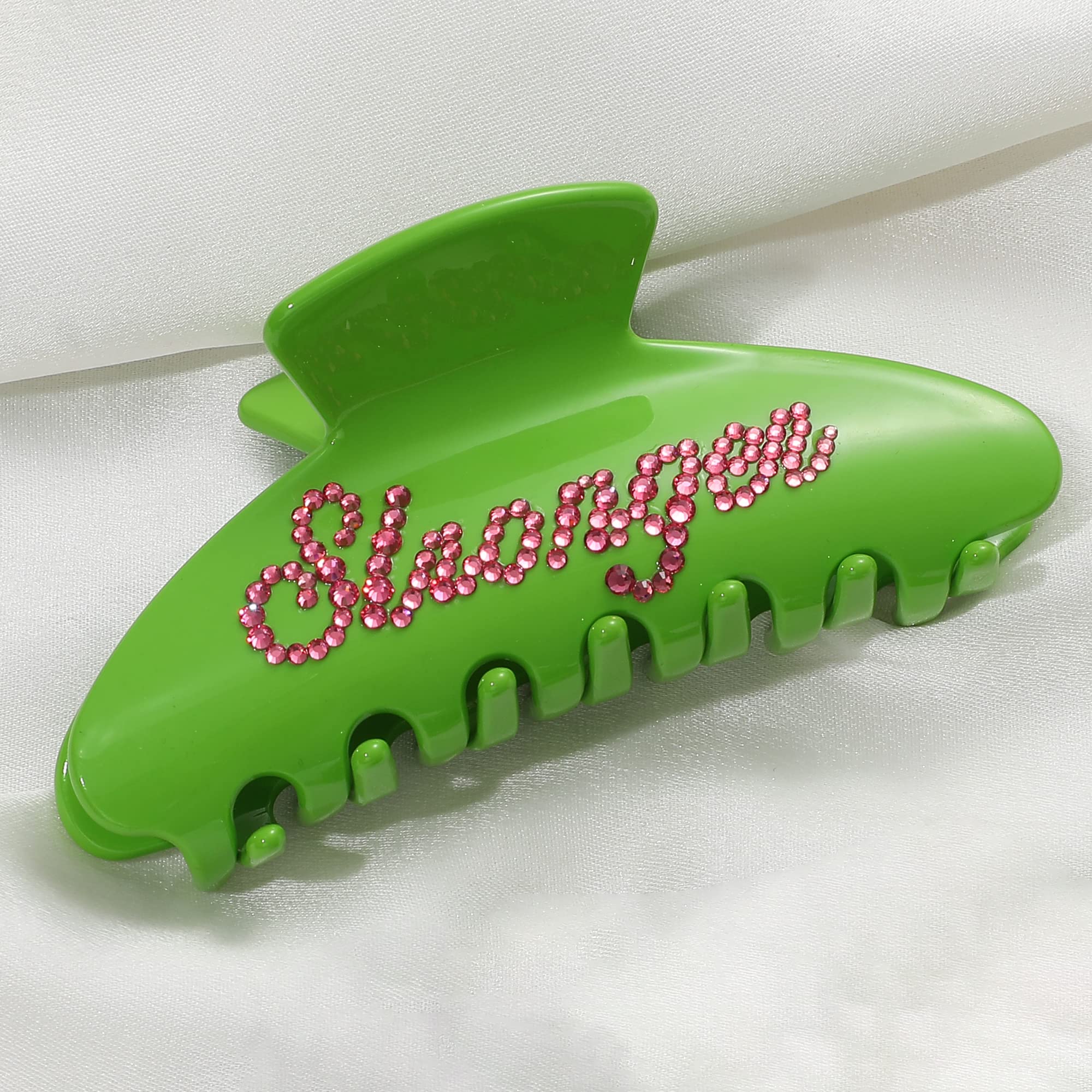 Custom Hair Claw Clips with Rhinestone Letters - Personalized Acrylic Banana Barrettes for Women | 4 Inch Green Hair Accessories | Perfect for Weddings, Parties & Everyday Styling
