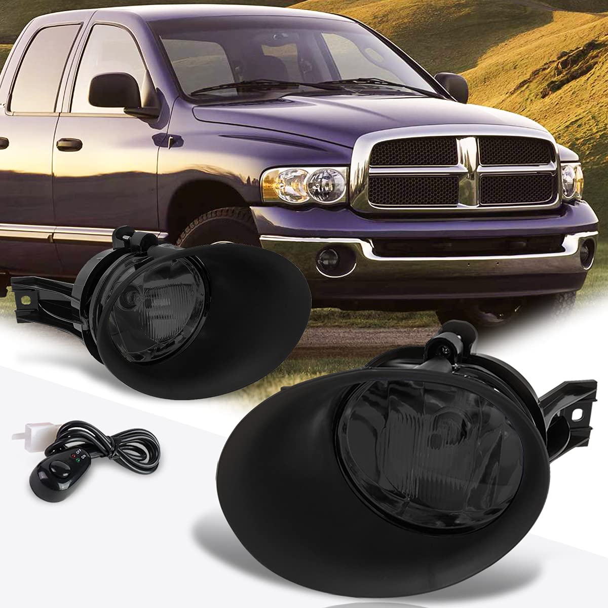 Smoked Lens Front Bumper Fog Light Kit with Bezel & Switch for 2002-2009 Ram Pickup - Perfect for Night Driving & Off-Road Adventures