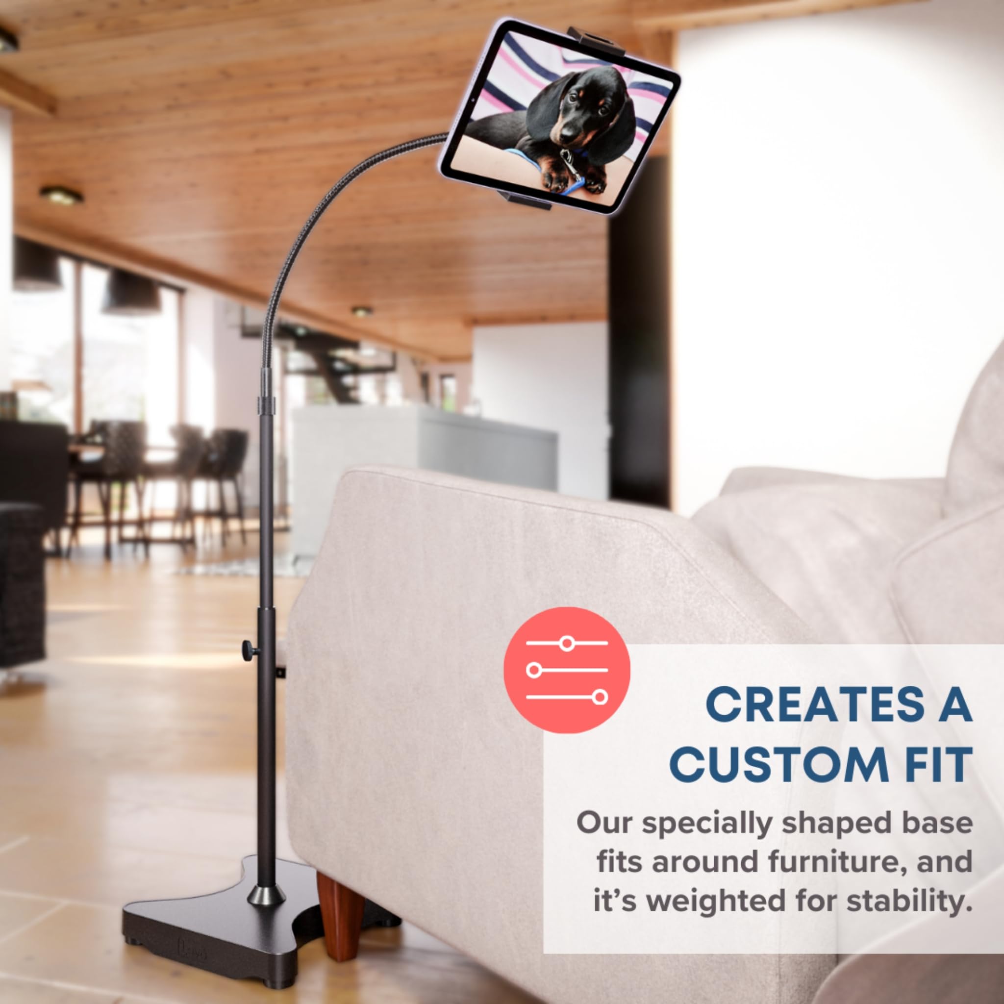Adjustable Height Floor Stand for Tablet & Phone - Sturdy Gooseneck Holder with Wide Base - Universal Compatibility for 4-13 inch Smartphones & Tablets - Black - Perfect for Home Office, Bedroom, Kitchen & Reading