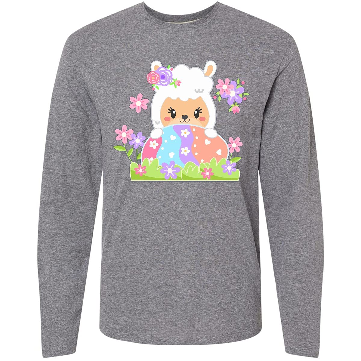Inktastic Cute Easter Llama with Spring Flowers and Egg Long Sleeve T-Shirt - Soft Cotton Casual Top for Women & Girls - Perfect for Easter Celebrations, Spring Outings & Family Gatherings