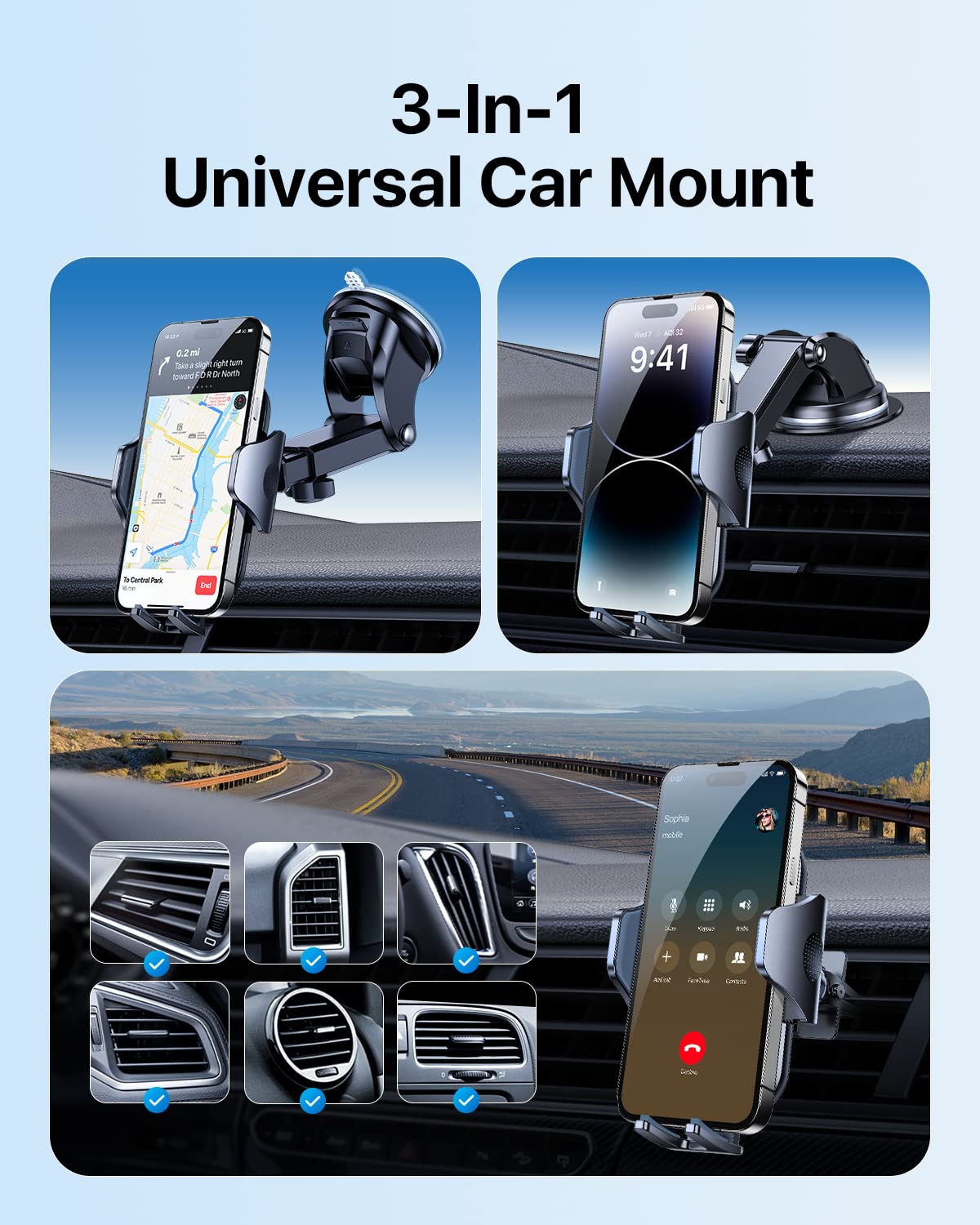 andobil Universal Car Phone Holder - Military-Grade Strong Suction Dashboard & Windshield Mount for iPhone 16/15/14/13/12 Pro Max, Samsung S25/S24/S23 - Perfect for Hands-Free Driving, GPS Navigation & Road Trips