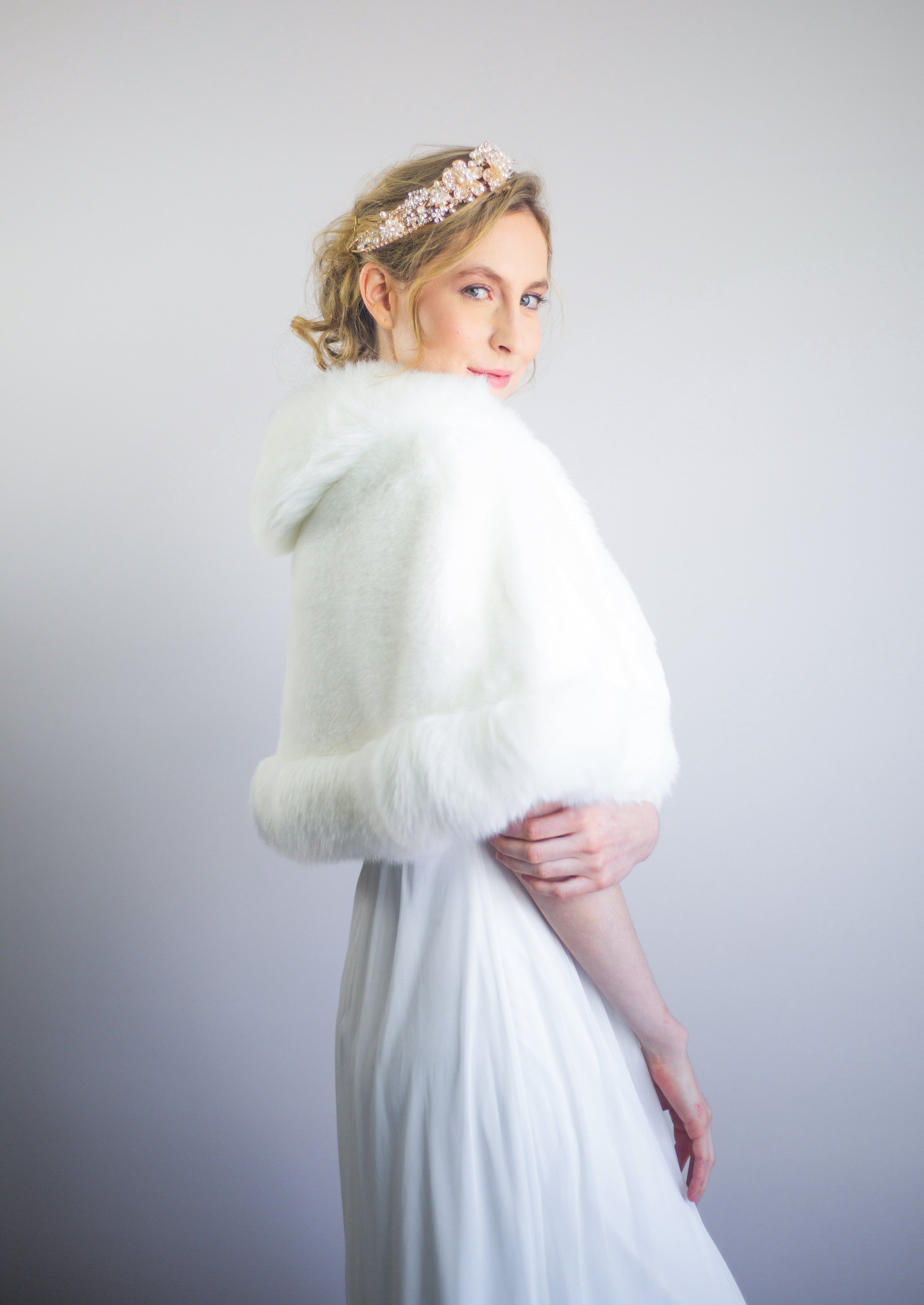 Ivory White Faux Fur Bridal Cape - Elegant Wedding Shawl for Bride (Georgina Wht01) | Perfect for Winter Weddings, Photo Shoots & Formal Events