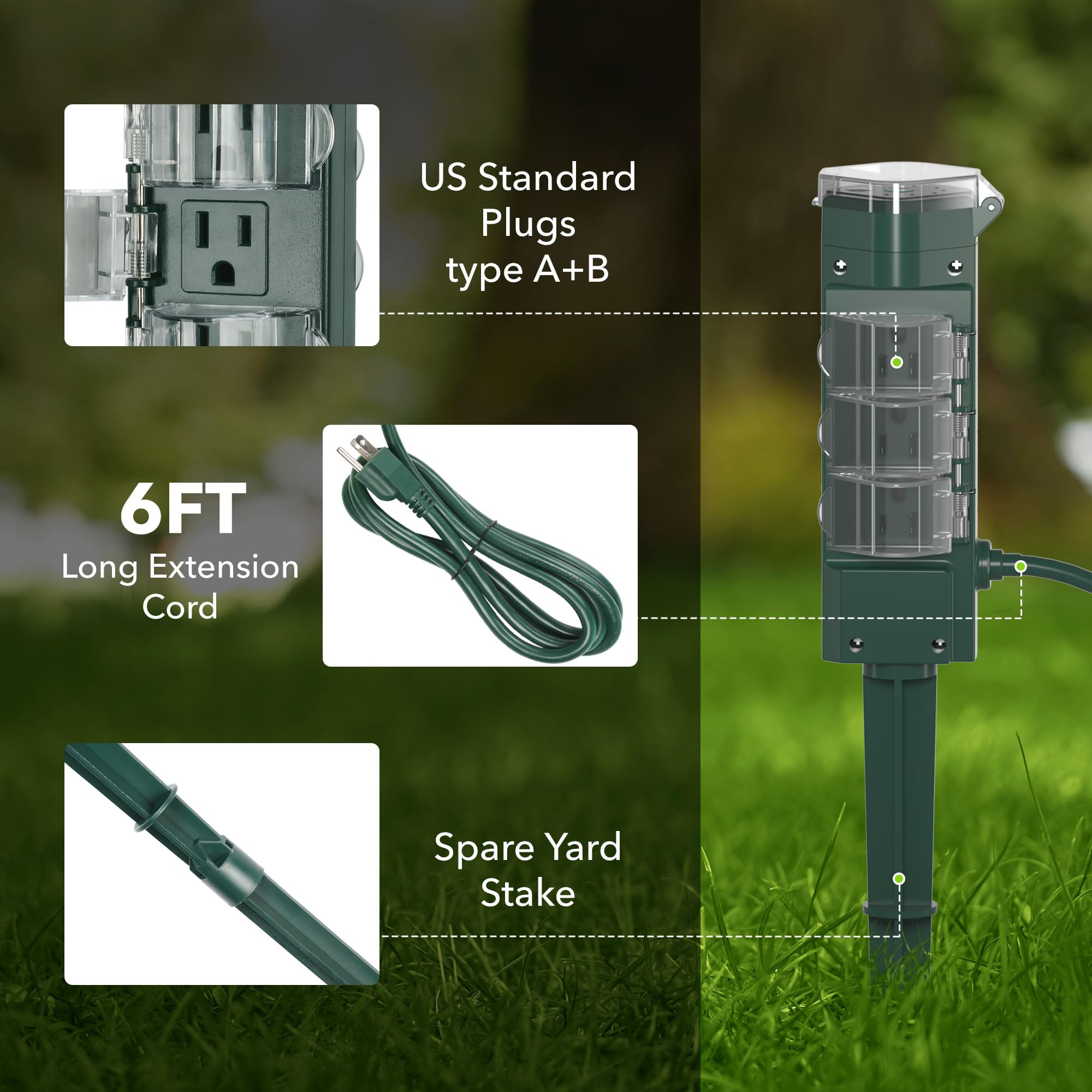 HBN Outdoor Power Strip with Photocell Sensor - 6 Outlet Weatherproof Extension Cord with Dusk to Dawn Timer & Yard Stake Countdown (2/4/6/8 Hours) - Perfect for Outdoor Lights, Christmas Decorations, Patio & Garden Use