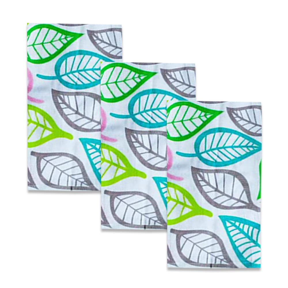 Premium 100% Ring Spun Cotton Kitchen Towels Set of 3 - Super Absorbent 17.7x27.5 Inch Printed Dish Cloths with Leaf Design | Ultra Soft Tea Towels for Cooking, Baking, Cleaning & Kitchen Decor