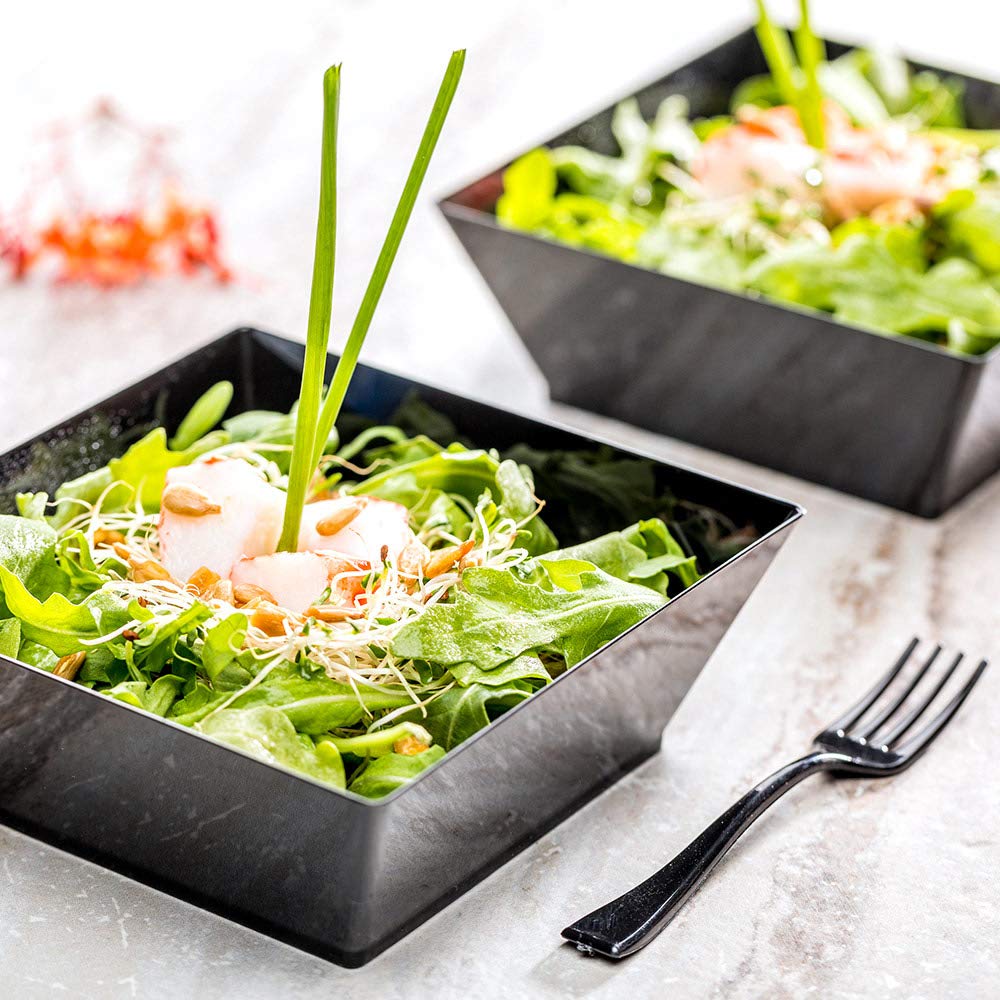 Restaurantware 10oz Square Disposable Bowls - 100-Pack Heavy Duty Black Plastic Serving Bowls for Salads, Desserts, Chips, Popcorn & Candy | Perfect for Parties, Catering, Buffets & Restaurant Takeout
