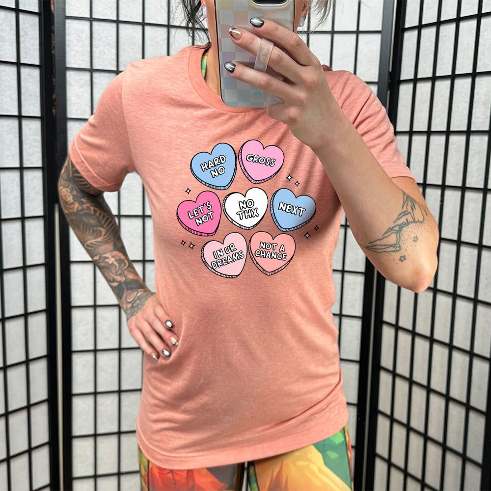 Funny Sarcastic Heart Candies Graphic T-Shirt - Unisex Casual Tee for Valentine's Day, Parties & Everyday Wear