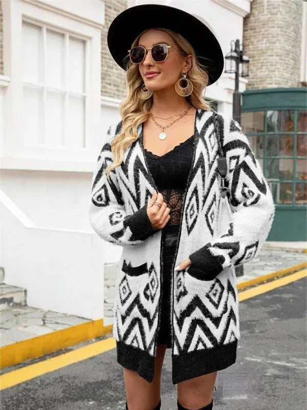 Vintage Diamond Knit Cardigan Sweater for Women - Mid Length Retro Pullover - Perfect for Fall Layering & Casual Outfits