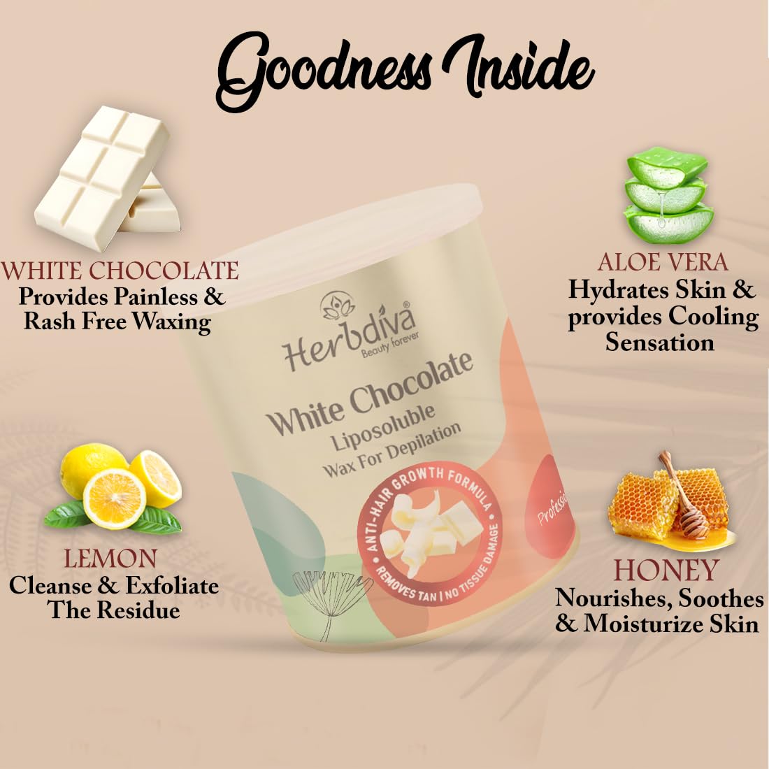 Herbdiva White Chocolate Milky Wax 800g | Hydrosoluble Hair Removal Wax for Smooth Skin | Enriched with Cocoa Butter & Shea Butter | Professional Salon & Home Use | Ideal for Legs, Arms, Bikini & Facial Hair Removal