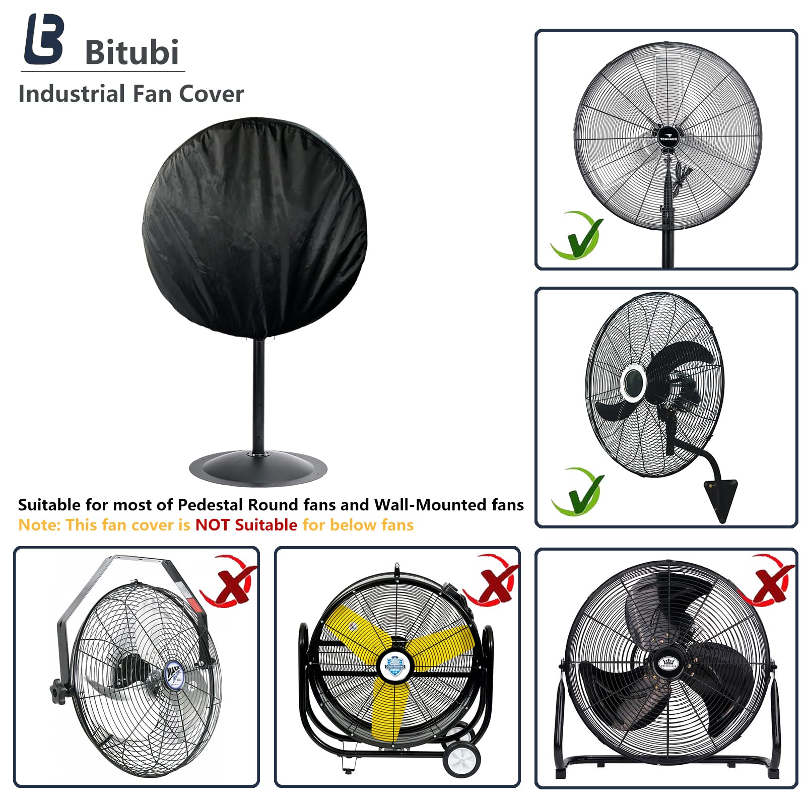Bitubi Heavy Duty 600D Oxford Industrial Fan Cover - Waterproof & Dustproof Outdoor Fan Protector for 20-24 Inch Wall Mount and Pedestal Fans (Black) - Perfect for Patio, Garage, Warehouse, and Workshop Use