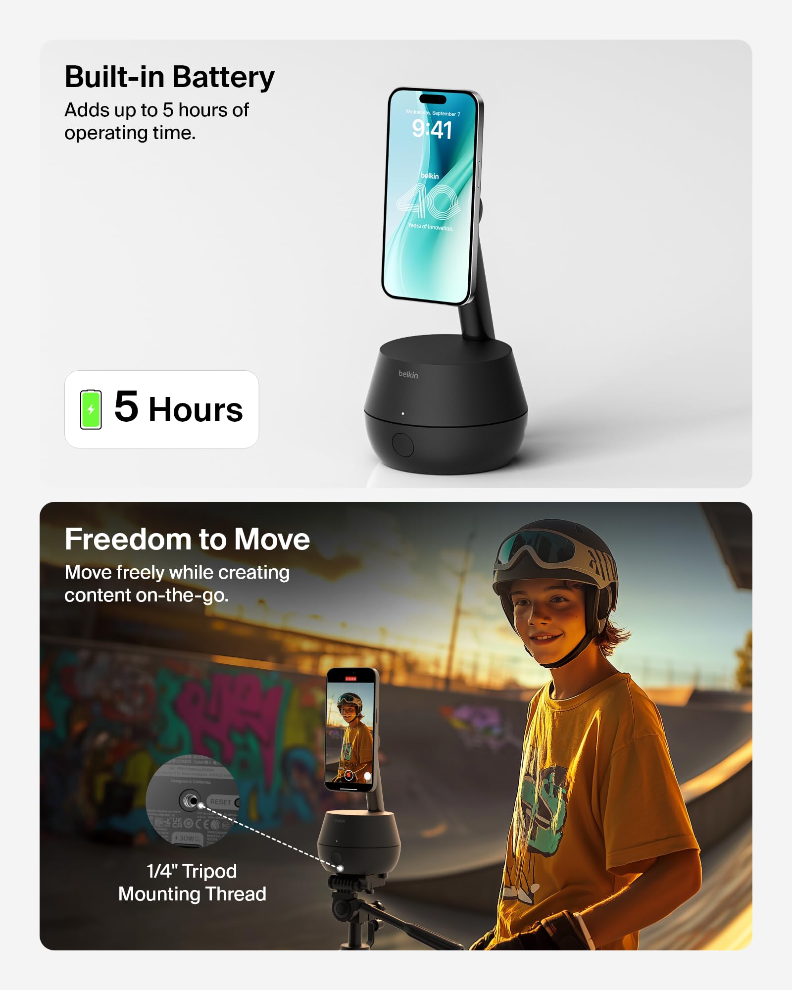 Belkin Wireless Charger Stand with Auto Face Tracking - Apple DockKit Certified, Tripod & MagSafe Compatible, 360° Rotation for iPhone - Perfect for FaceTime, TikTok, YouTube & Social Media Content Creation