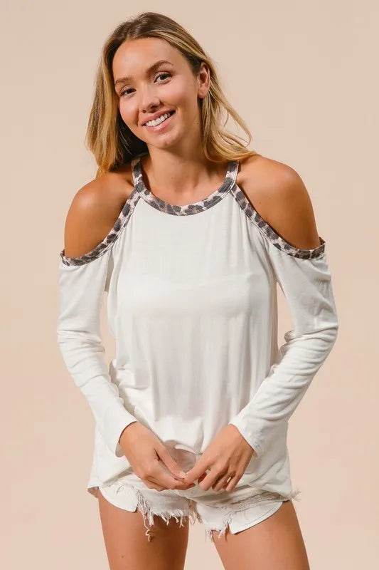 Stylish BiBi Jersey Knit Cold Shoulder Top with Leopard Print Neckline - Trendy Women's Fashion for Casual Outings & Date Nights
