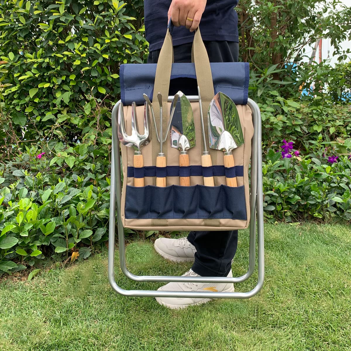 **Foldable Garden Stool with 5 Gardening Tools & Insulated Storage Bag - Ergonomic Kneeler for Outdoor Planting, Weeding, and Landscaping (Navy Blue)**