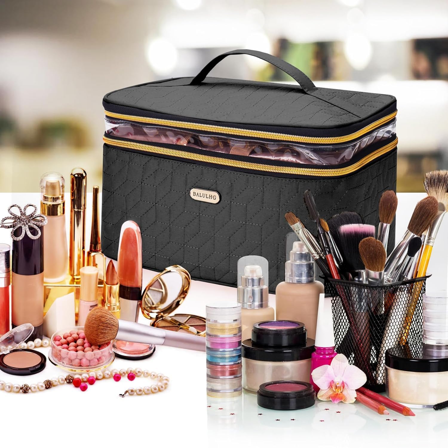 Large Travel Makeup Bag for Women - Double Layer Cosmetic Organizer with Brush Holder & Toiletry Essentials | Perfect for Vacation, Gym, Business Trips & Daily Use