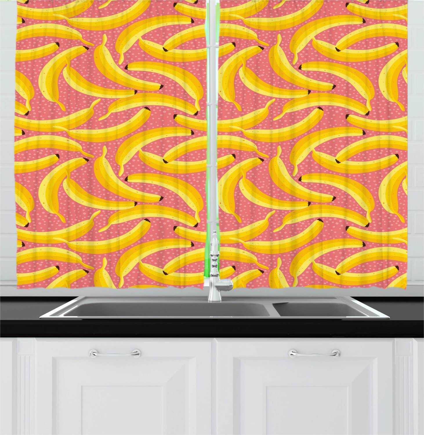 Ambesonne Banana Print Kitchen Curtains - Modern Exotic Fruit Design with Polka Dot Background, 2 Panel Rod Pocket Drapes for Windows, 55