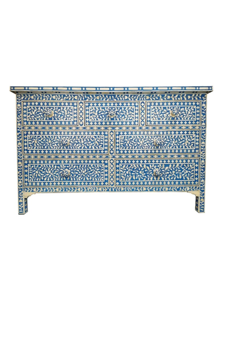Handmade Bone Inlay Dresser - 7 Drawer Blue Storage Cabinet for Bedroom, Living Room & Office Organization | Vintage Boho Furniture Decor