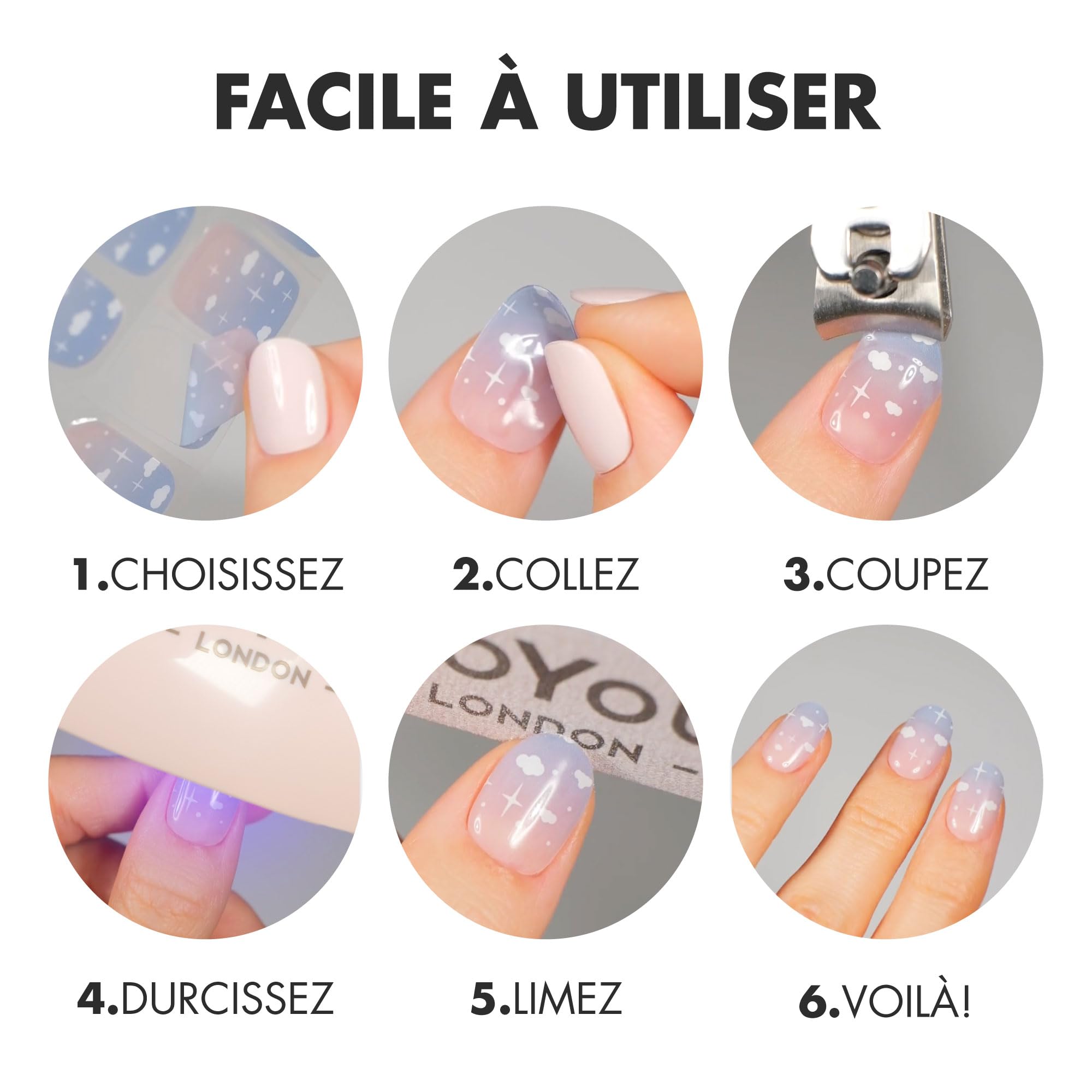 MOYOU LONDON Semi-Cured Gel Nail Stickers - 20 Self-Adhesive Nail Polish Wraps for UV/LED Lamp - Easy Nail Art Designs for Home Manicure & Salon Use - Perfect for Parties, Weddings and Special Occasions