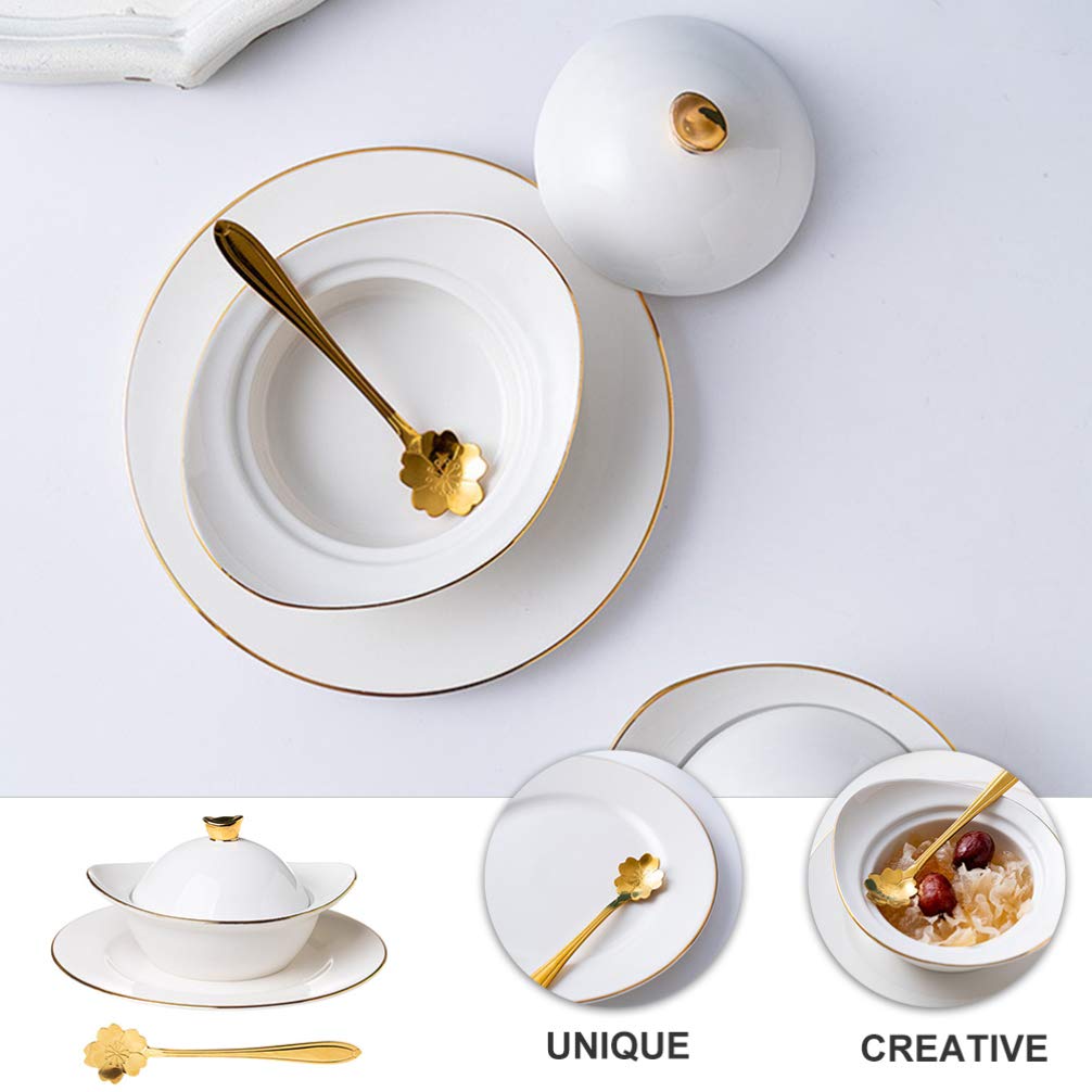 DOITOOL Ceramic Soup Bowl with Lid - 16oz Porridge Bowl with Spoon, Sauce Dish & Steaming Egg Cup - Microwave & Oven Safe for Noodles, Oatmeal, Desserts - Perfect for Home, Kitchen & Restaurant Use