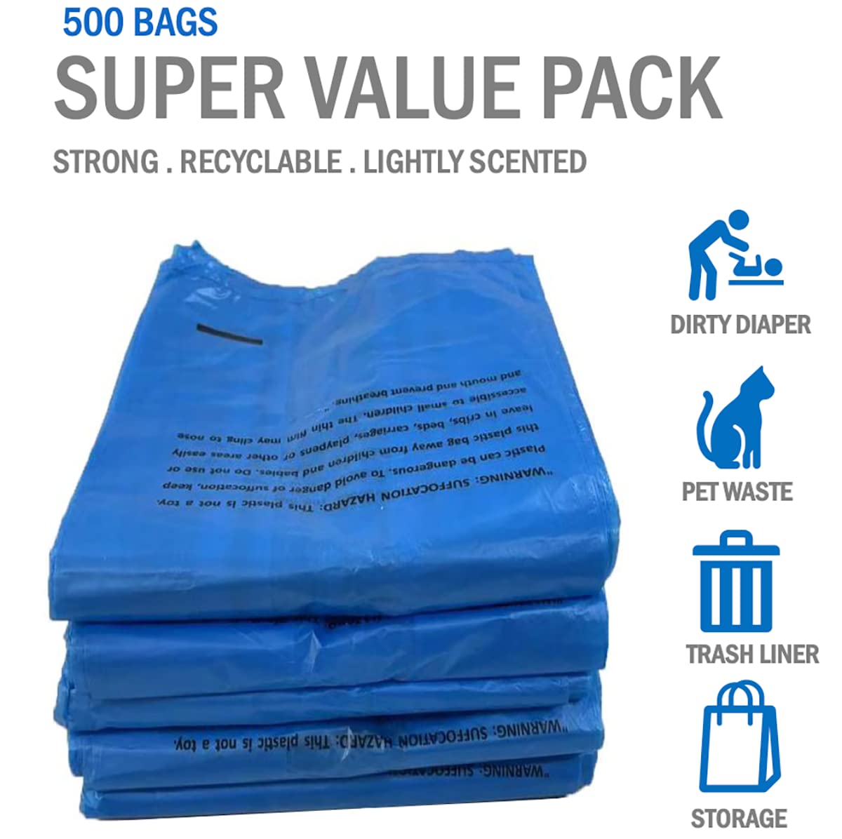 **500 Count Disposable Baby Diaper Bags with Fresh Baby Powder Scent - Easy Tie Handles, Bulk Pack for Diapers, Dog Poop, Cat Litter & Sanitary Pads Disposal - Perfect for Travel, Daycare & Pet Owners**