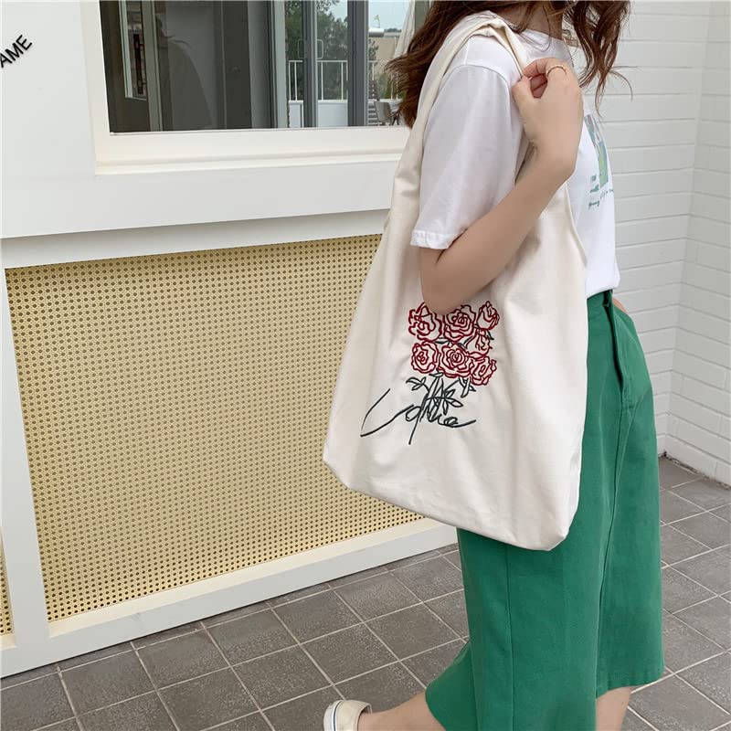 Floral Canvas Tote Bag for Women - Large Capacity Botanical Shopping Bag with Aesthetic Flower Design - Perfect for Groceries, Beach, Work & Daily Use
