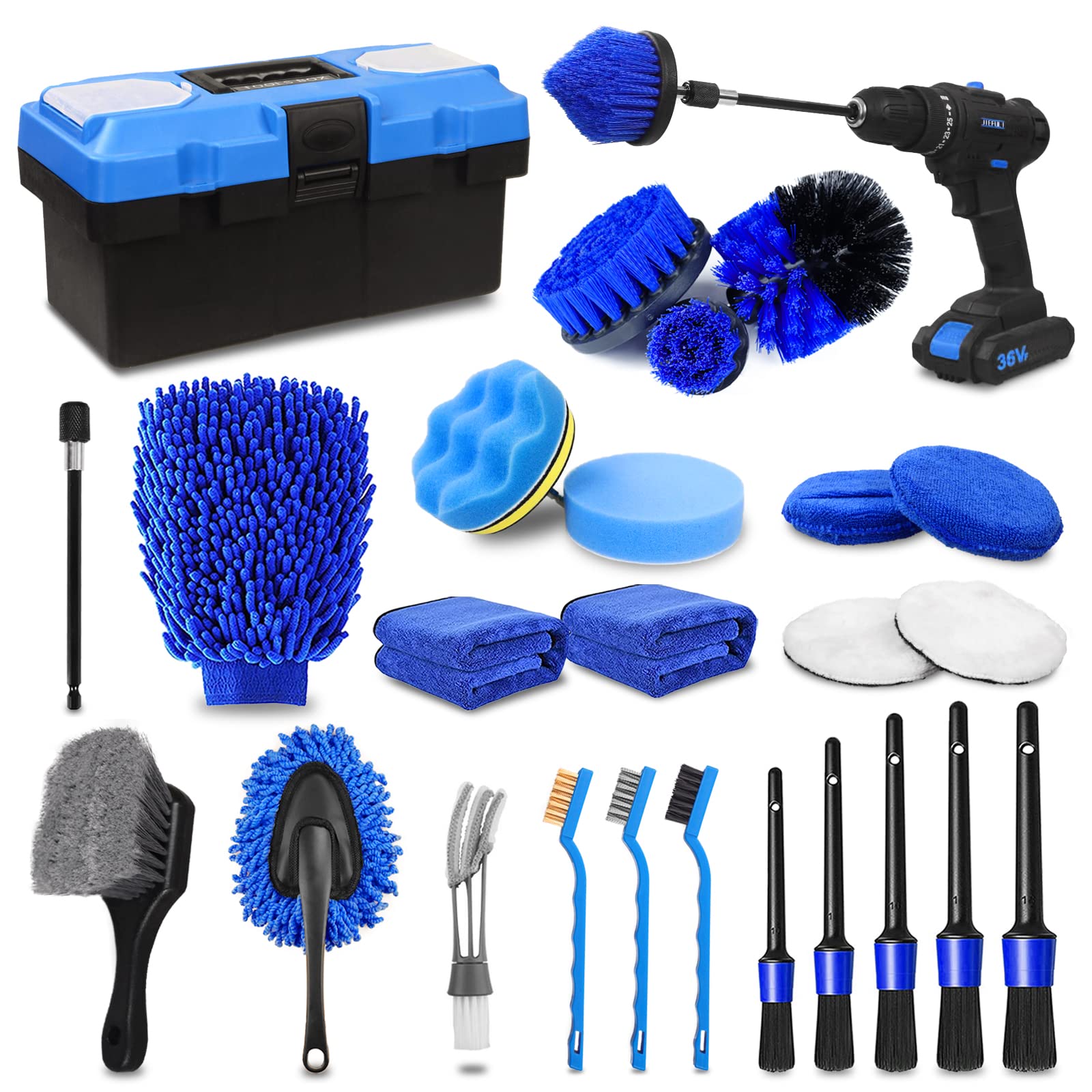 27Pcs Car Detailing Kit - Professional Auto Detailing Brush Set with Drill Brushes for Interior, Exterior & Wheels Cleaning | Complete Car Wash Accessories & Cleaning Tools Kit for DIY Car Care & Detailing Enthusiasts