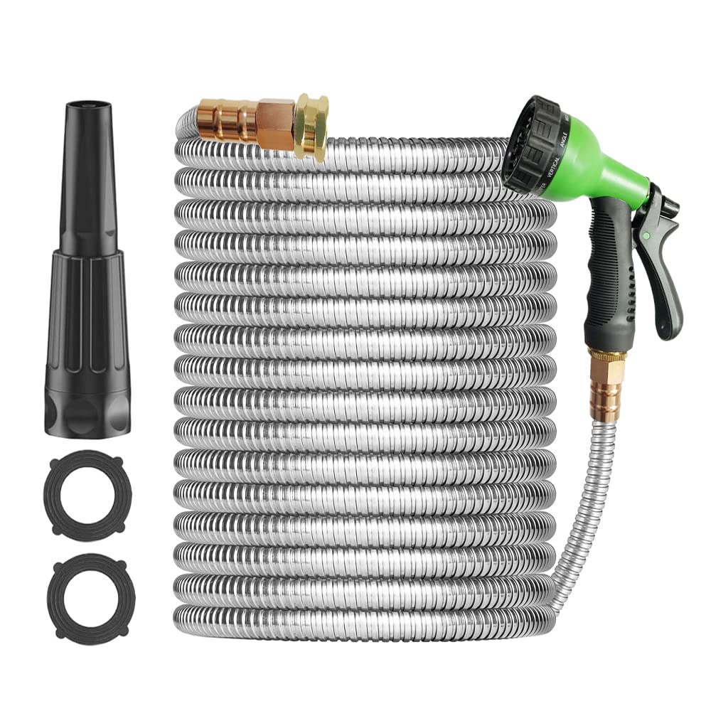 50 ft Stainless Steel Flexible Metal Garden Hose - Heavy Duty Water Hose for Lawns, Gardens & Outdoor Cleaning | Durable & Kink-Free Design